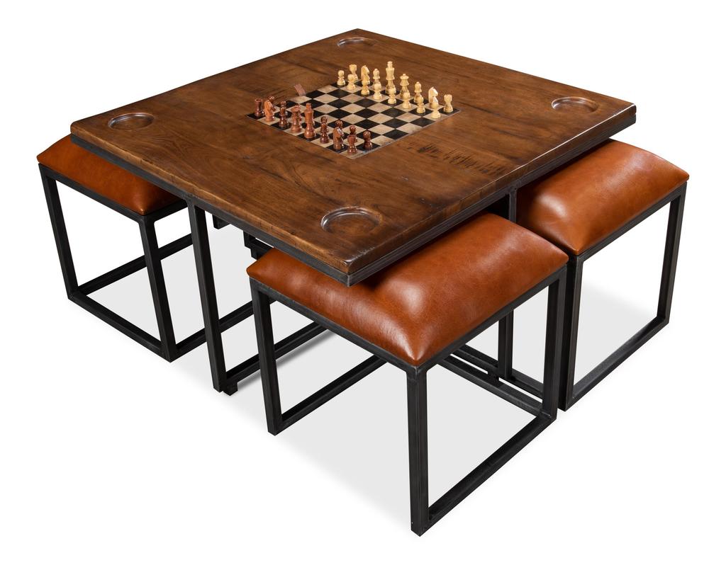 Heritage Games Brown Low Game Table With Four Stools - Ornate Home