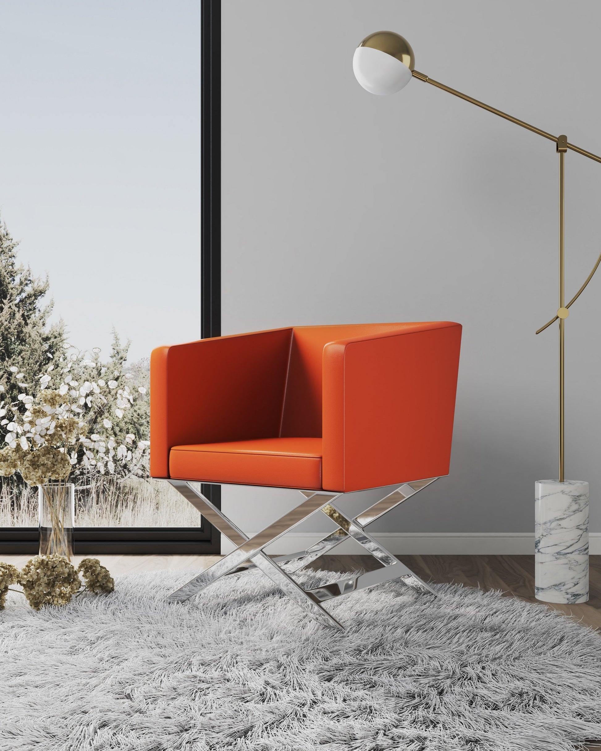 Hollywood Lounge Accent Chair in Orange and Polished Chrome - Ornate Home