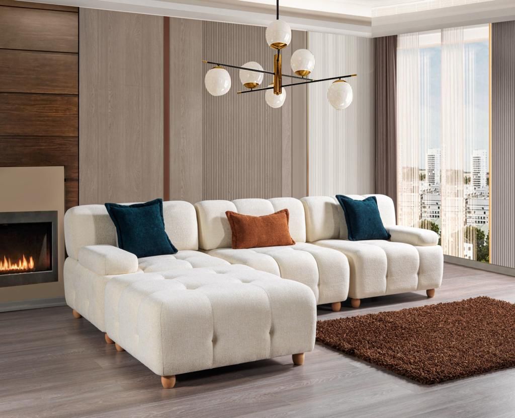 Broadway Ivory 3pc Sectional + Ottoman - Ornate Home