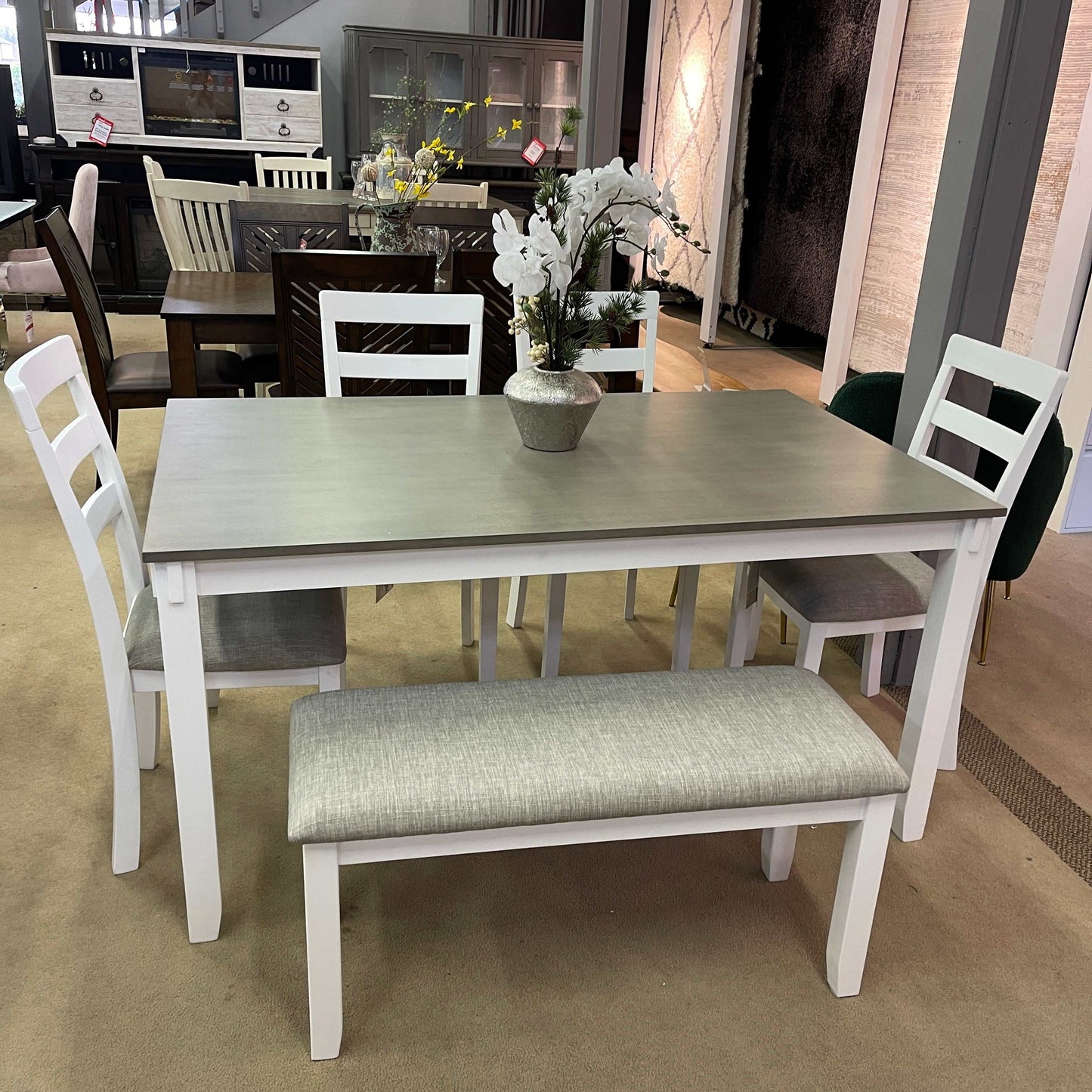 Stonehollow White & Gray Dining Room Set w/ Bench (Set of 6)