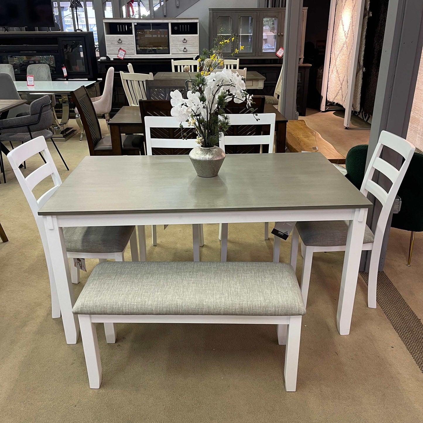 Stonehollow White & Gray Dining Room Set w/ Bench (Set of 6)