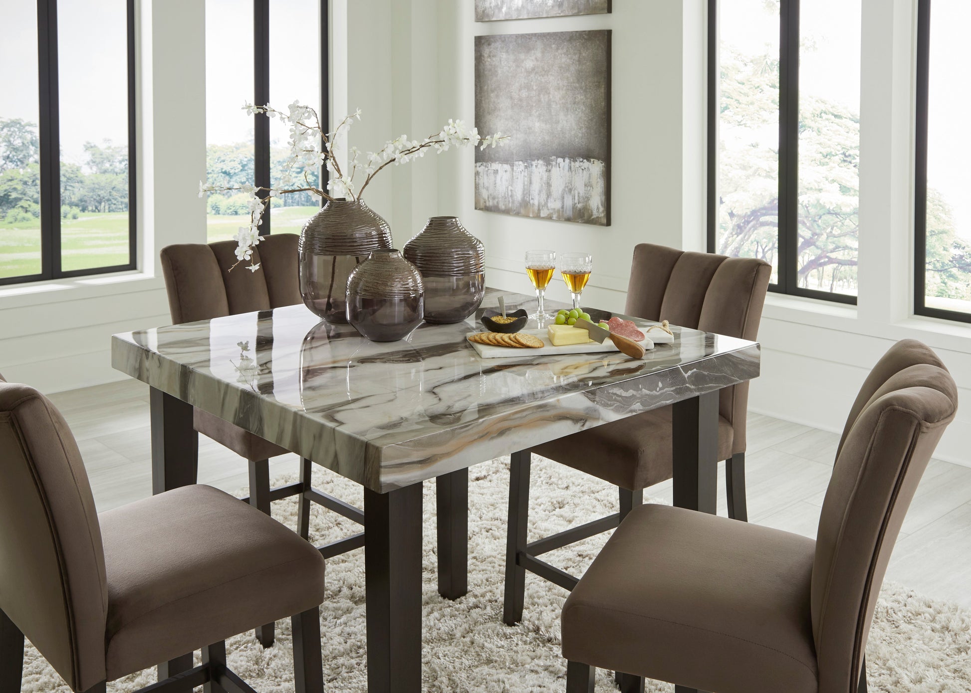 Jeshina Dark Brown/Beige/Mocha Counter Height Dining Table and 4 Barstools- Viva Furn