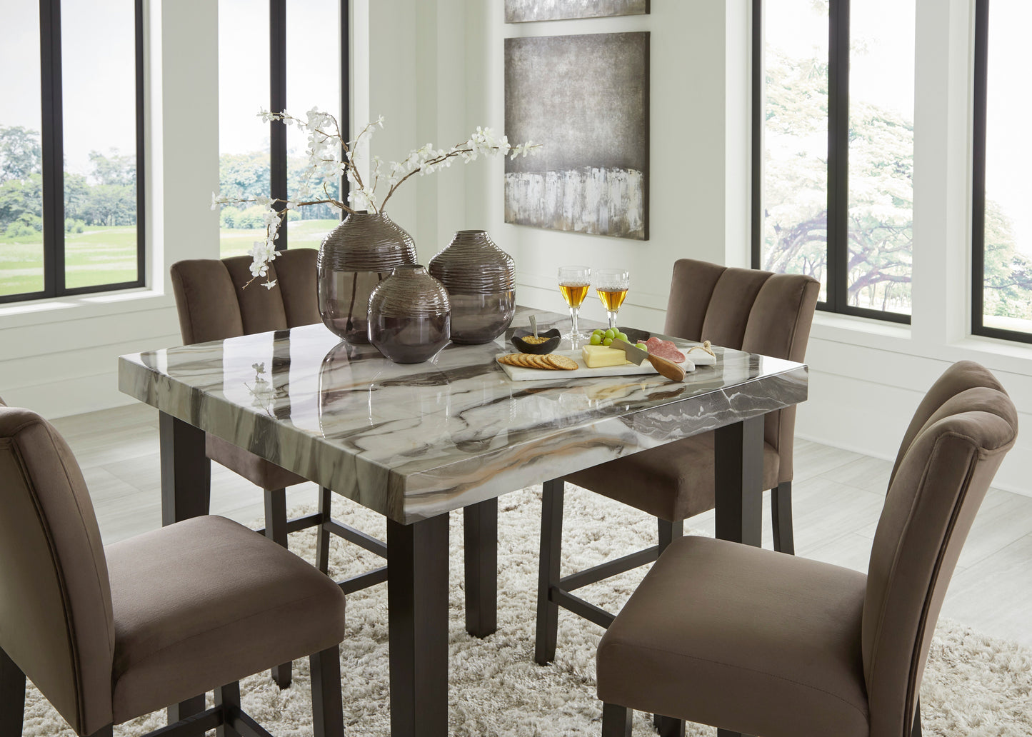 Jeshina Dark Brown/Beige/Mocha Counter Height Dining Table and 4 Barstools- Viva Furn
