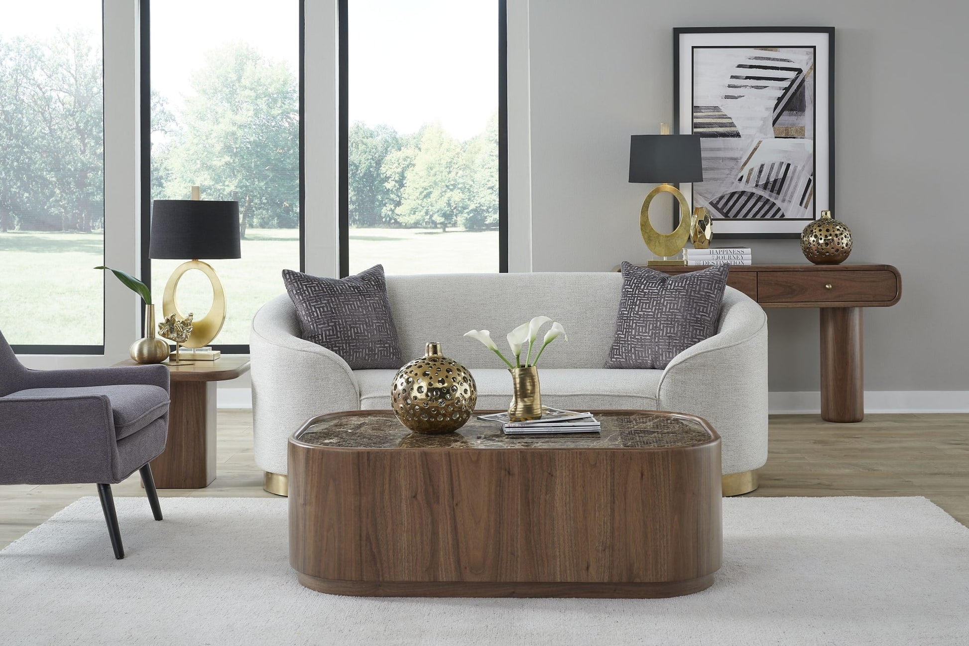 Juba Mongoose Natural Marble and Walnut Coffee Table with Casters - Ornate Home