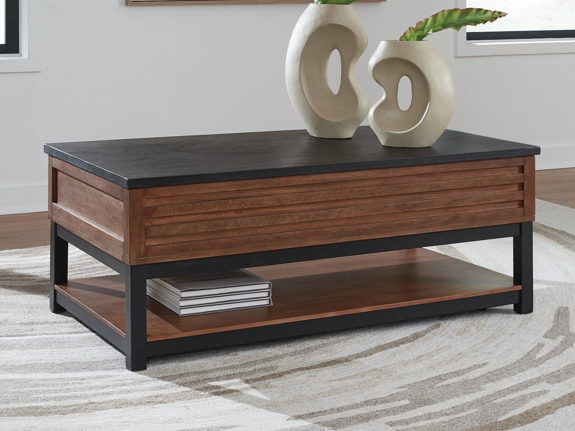 Kallari Warm Brown/Black Lift Top Cocktail Table- Viva Furn
