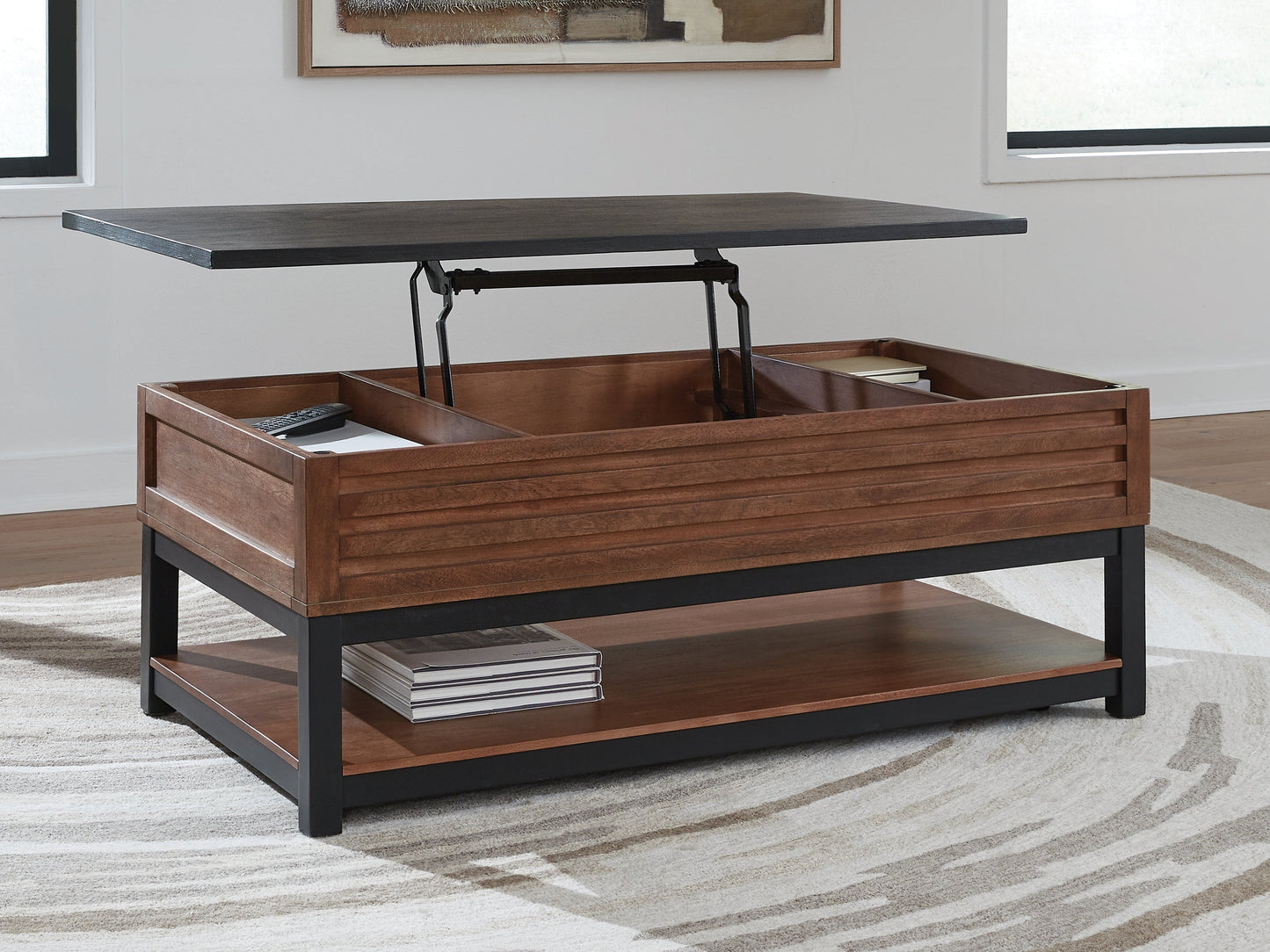 Kallari Warm Brown/Black Lift Top Cocktail Table- Viva Furn