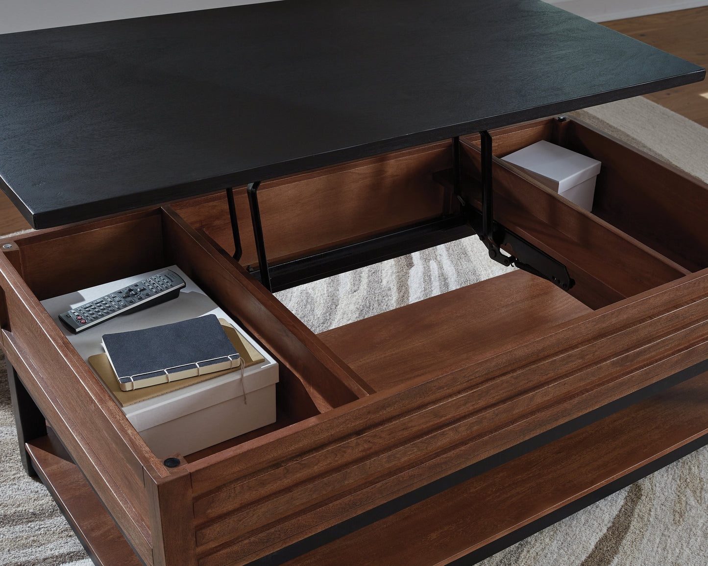 Kallari Warm Brown/Black Lift Top Cocktail Table- Viva Furn