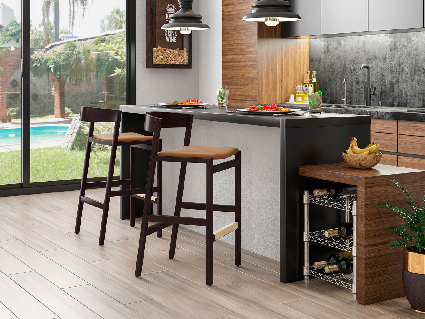 Klismos Barstool in Camel and Dark Walnut (set of 2) - Ornate Home