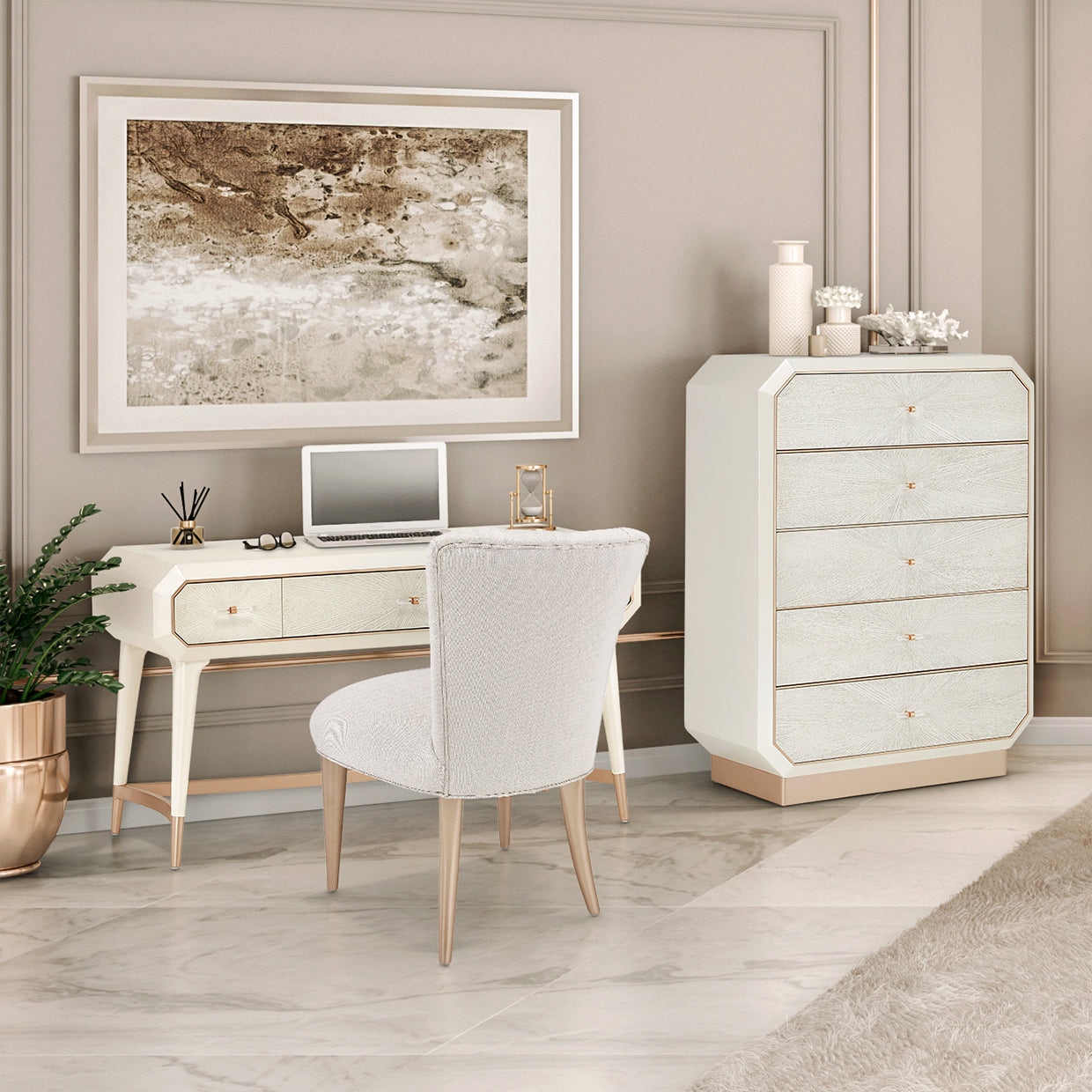 La Rachelle Medium Champagne Vanity Set with Mirror & Chair - Ornate Home