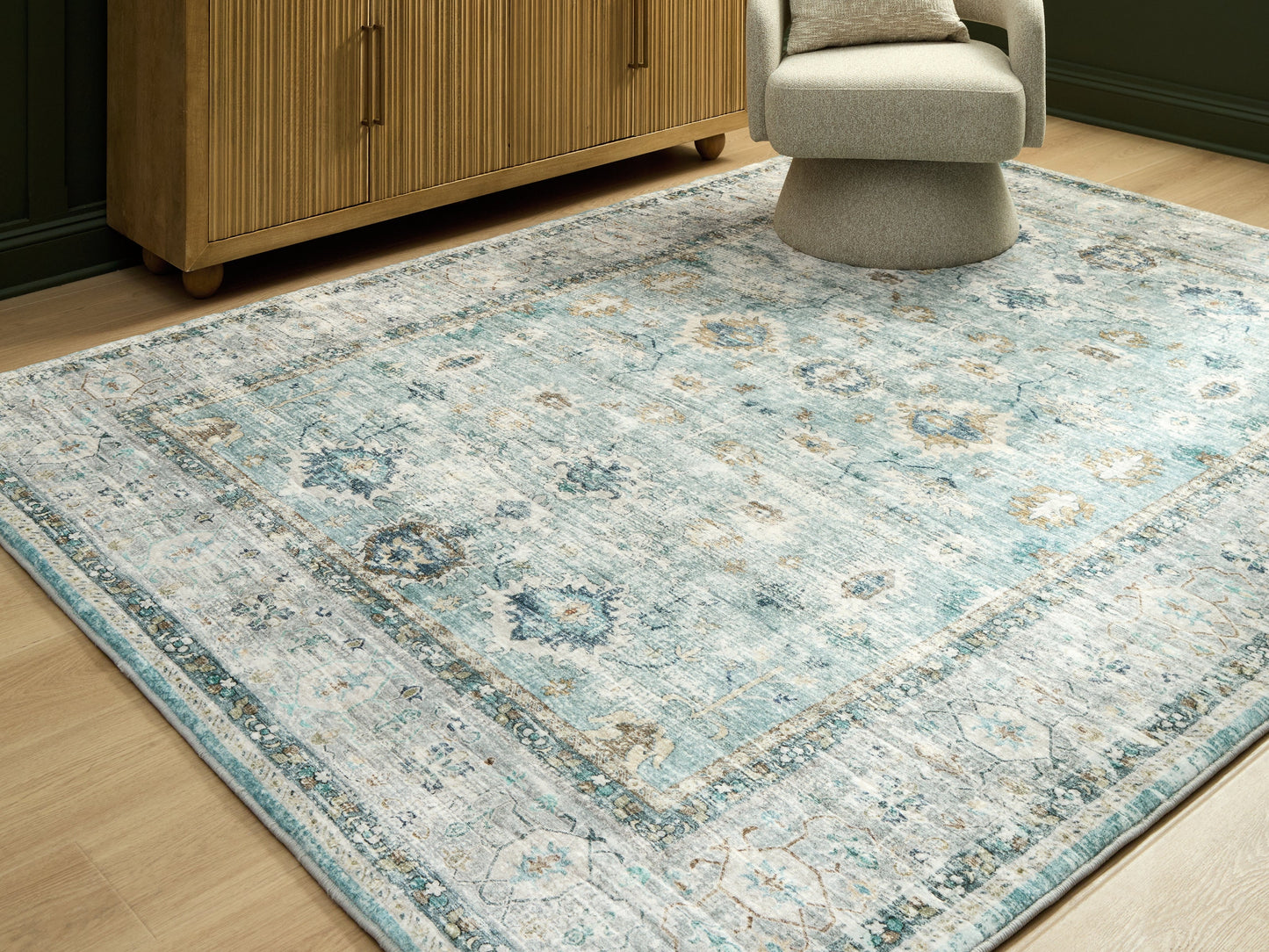 Ladstoney Teal/Beige/Ochre Memory Foam Large Rug- Viva Furn