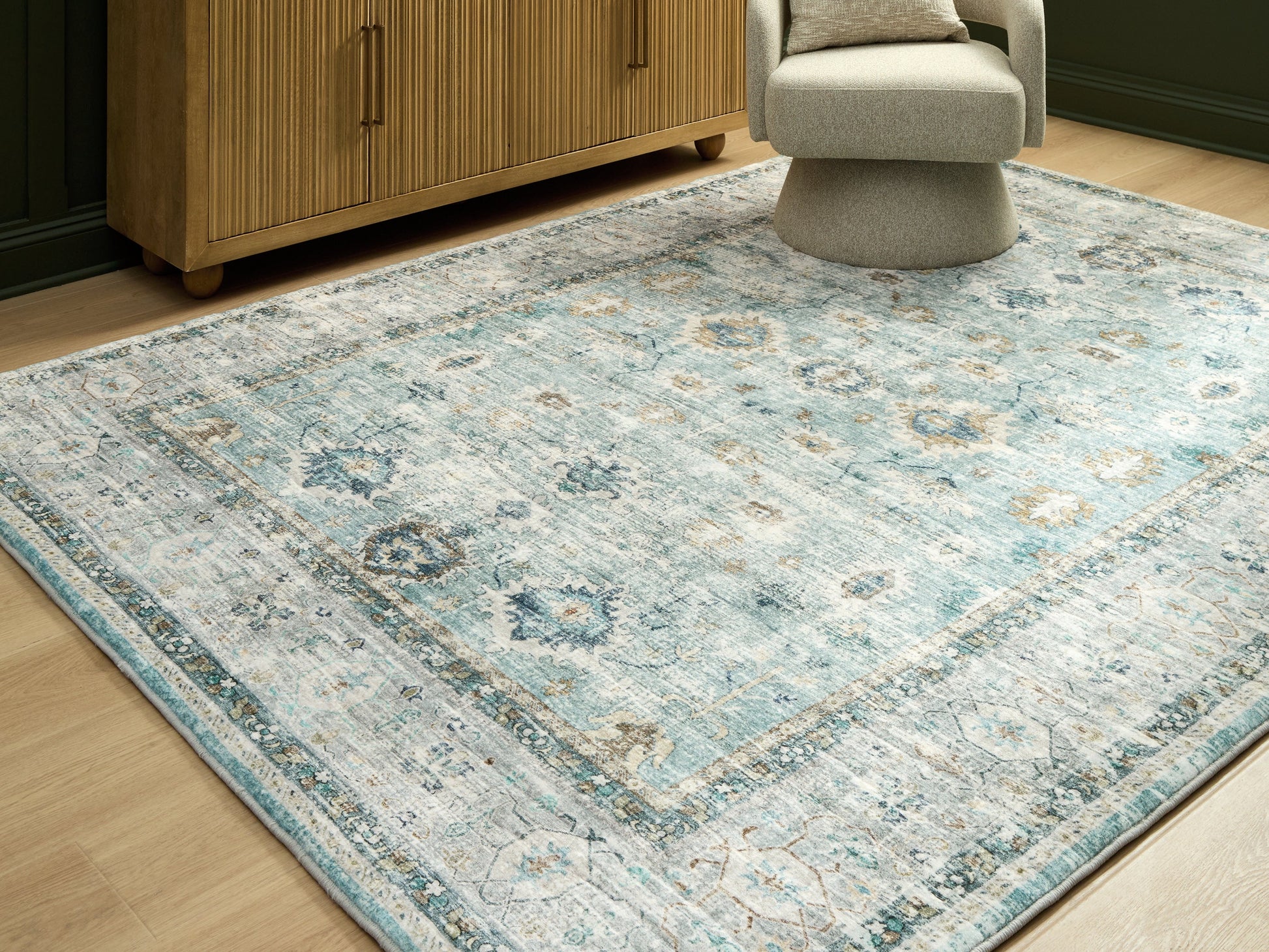 Ladstoney Teal/Beige/Ochre Memory Foam Large Rug- Viva Furn