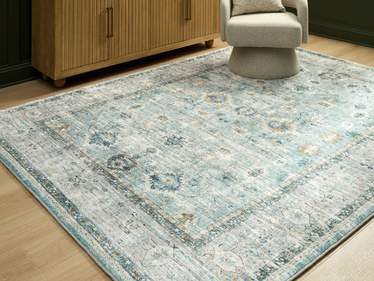 Ladstoney Teal/Beige/Ochre Memory Foam Large Rug- Viva Furn