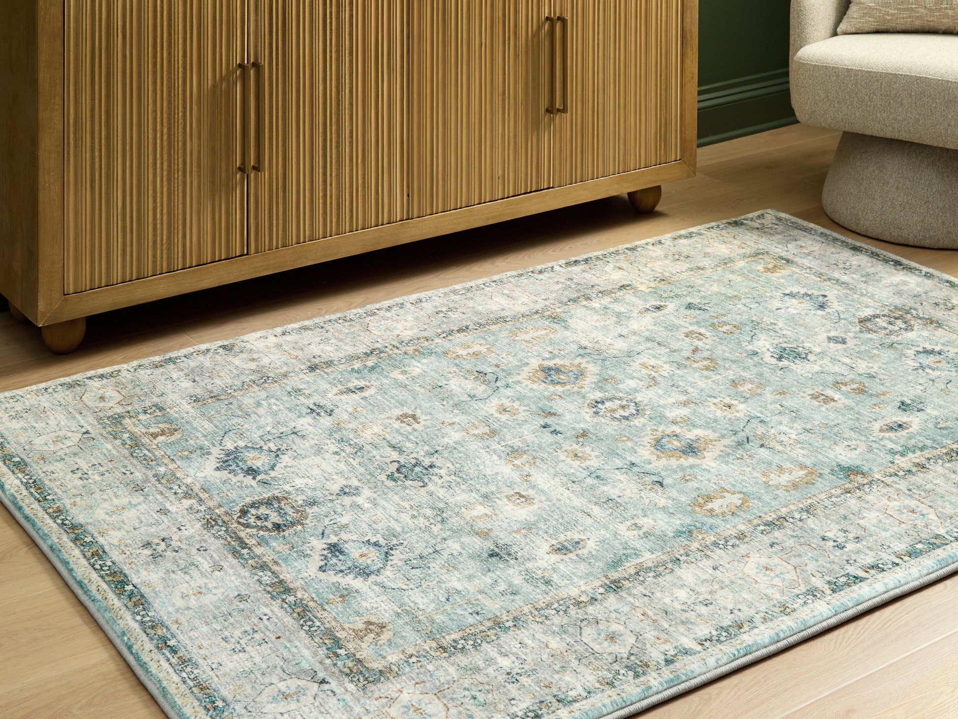 Ladstoney Teal/Beige/Ochre Memory Foam Medium Rug- Viva Furn