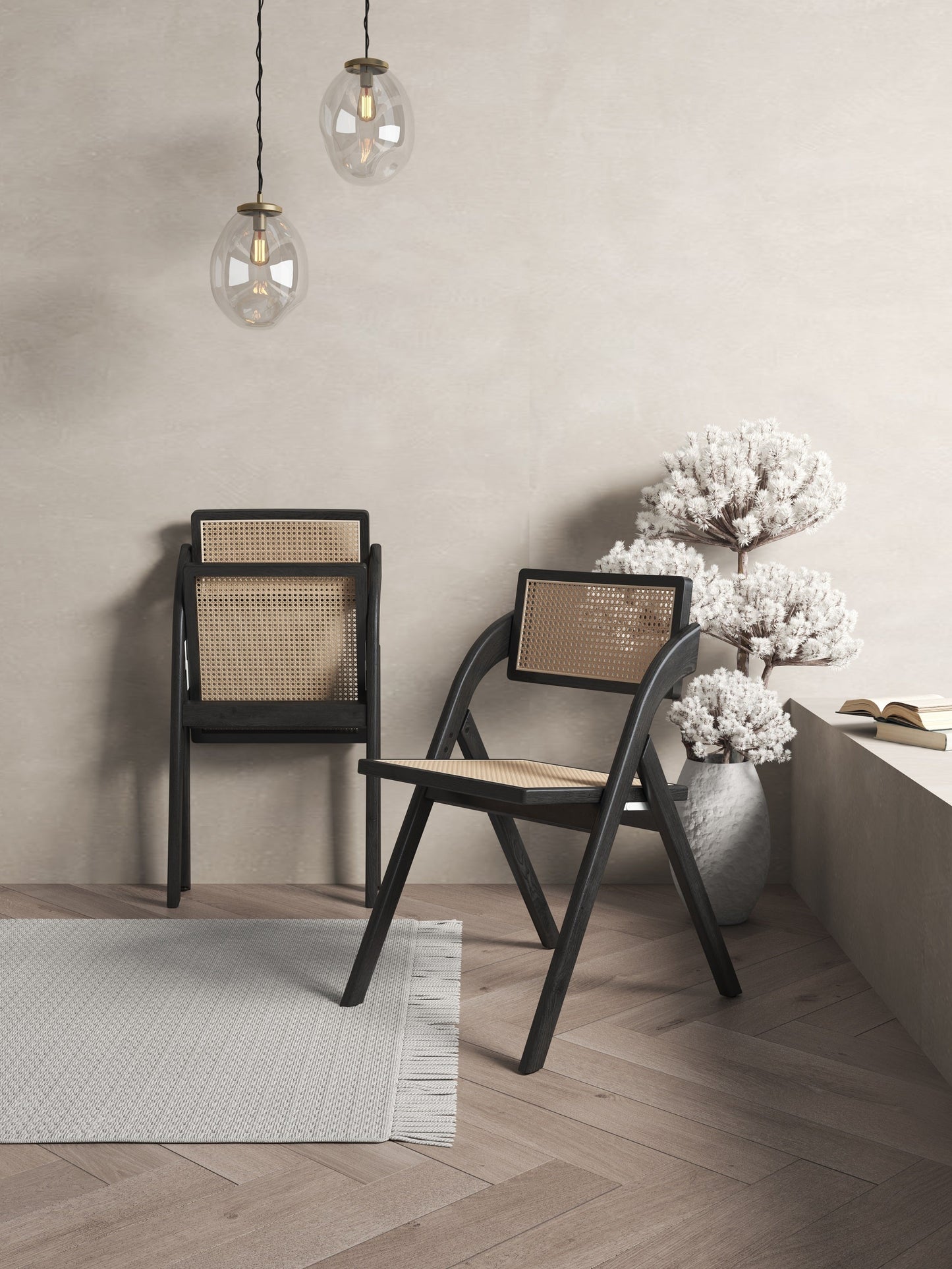 Lambinet Folding Dining Chair in Black and Natural Cane (set of 4) - Ornate Home