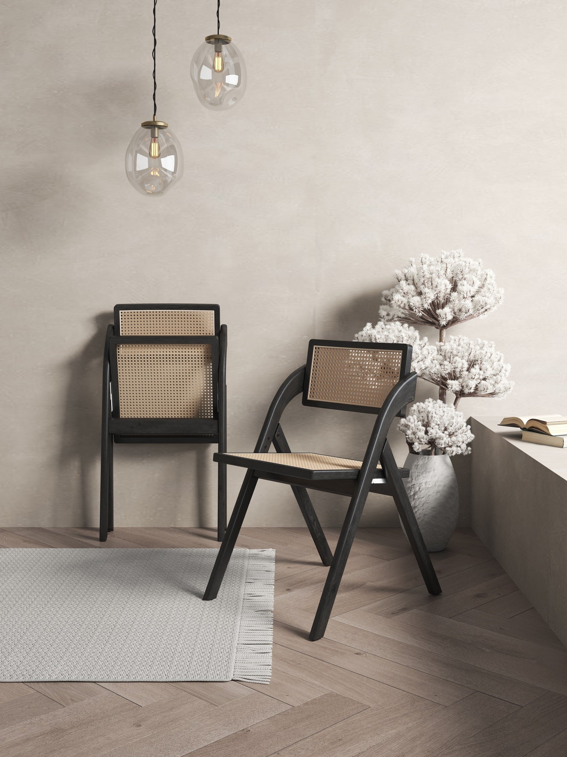 Lambinet Folding Dining Chair in Black and Natural Cane (set of 4) - Ornate Home