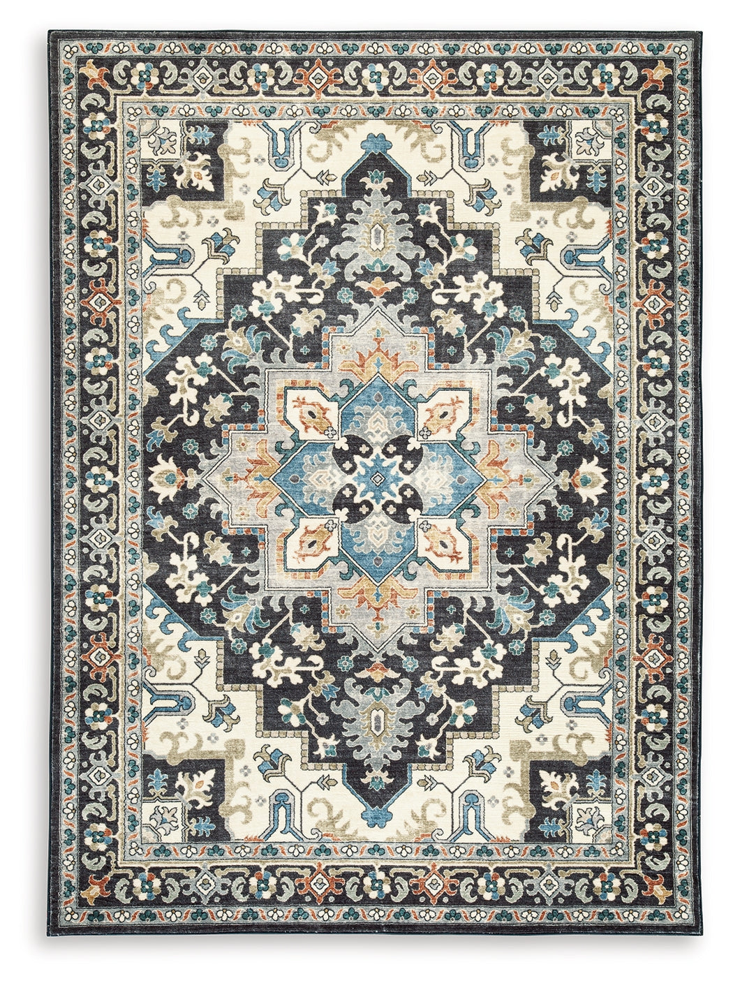 Leningston Black/Cream/Blue 5' x 7' Washable Rug- Viva Furn