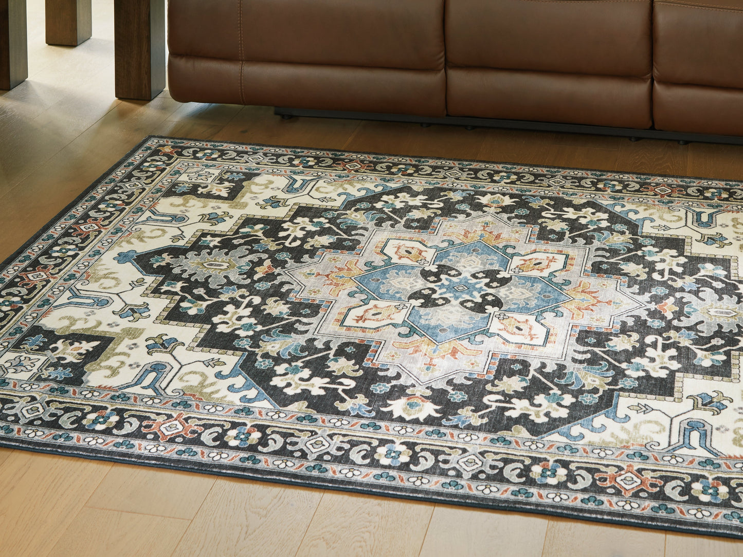 Leningston Black/Cream/Blue 8' x 10' Washable Rug- Viva Furn