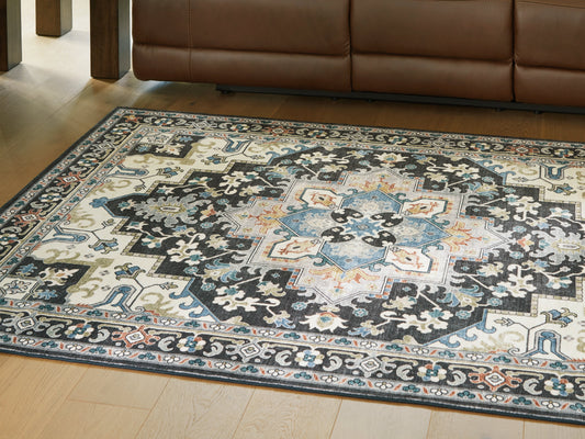Leningston Black/Cream/Blue 8' x 10' Washable Rug- Viva Furn