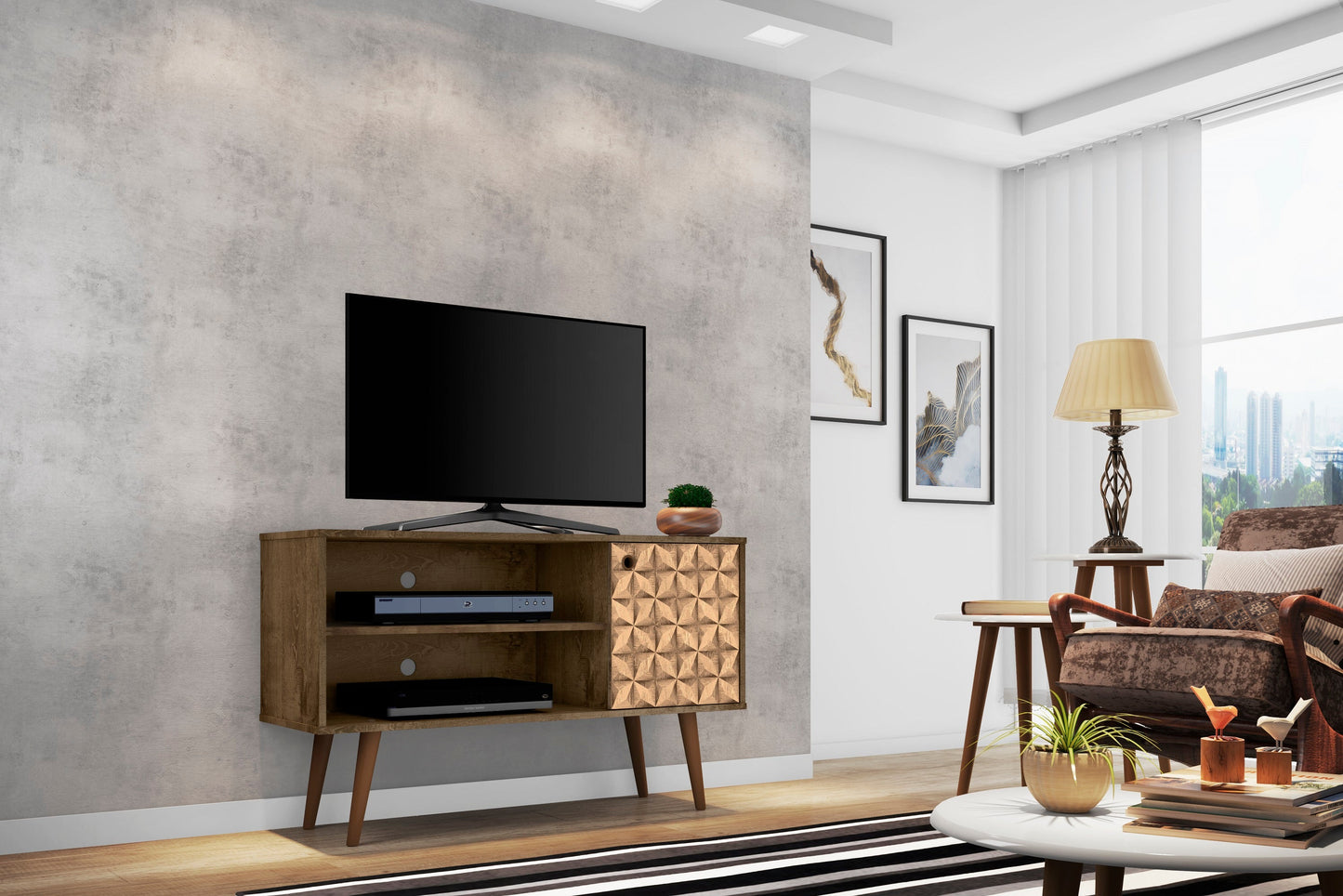 Liberty 42.52 TV Stand in Rustic Brown and 3D Brown Prints - Ornate Home