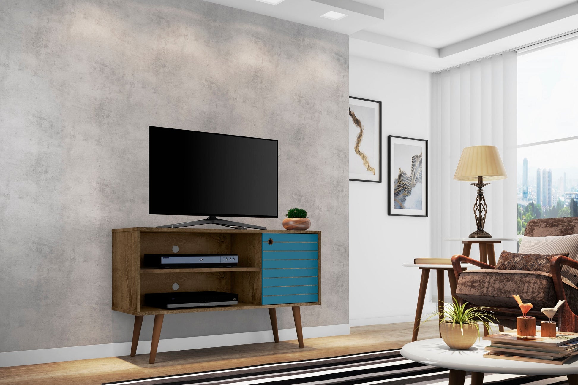 Liberty 42.52 TV Stand in Rustic Brown and Aqua Blue - Ornate Home