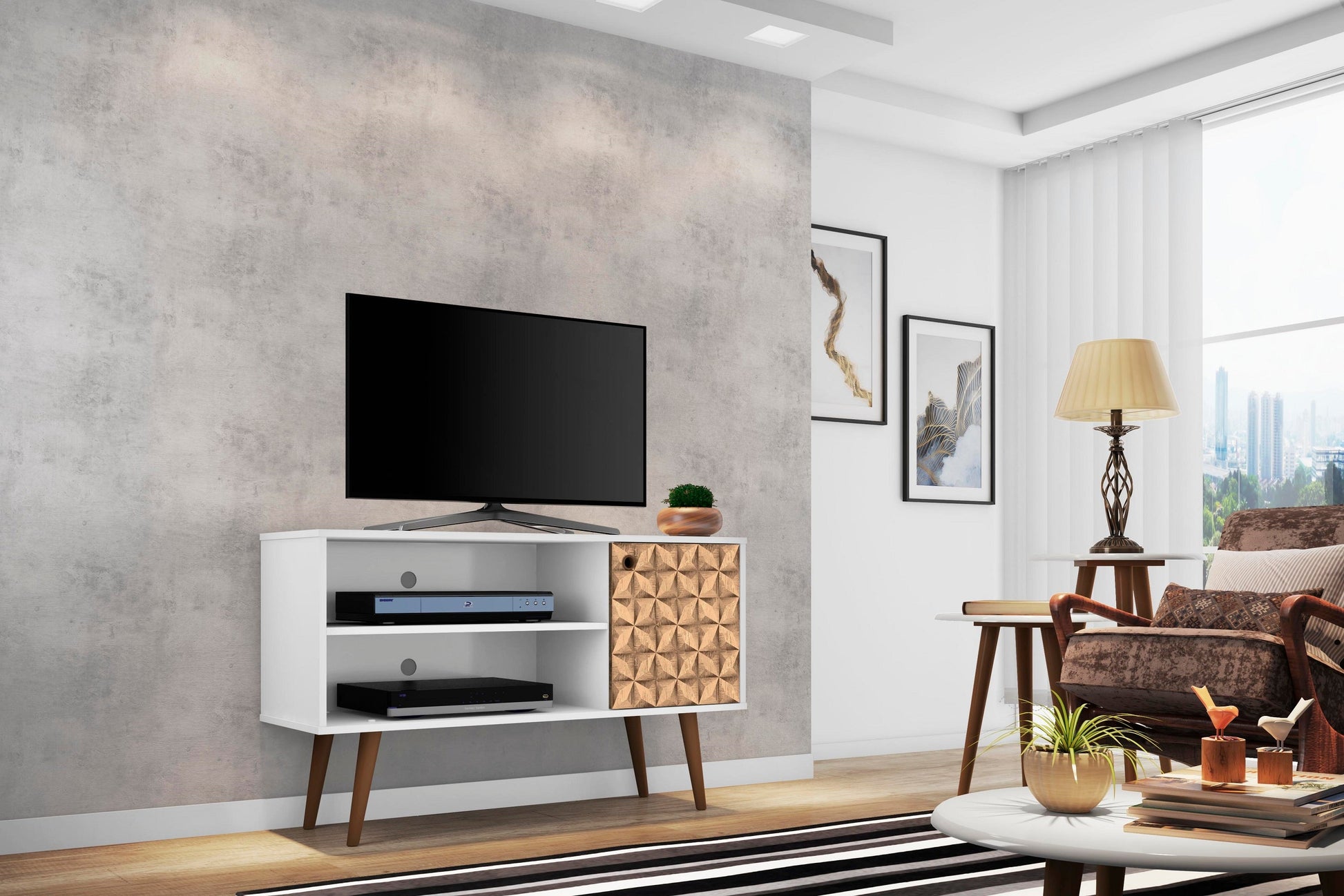 Liberty 42.52 TV Stand in White and 3D Brown Prints - Ornate Home