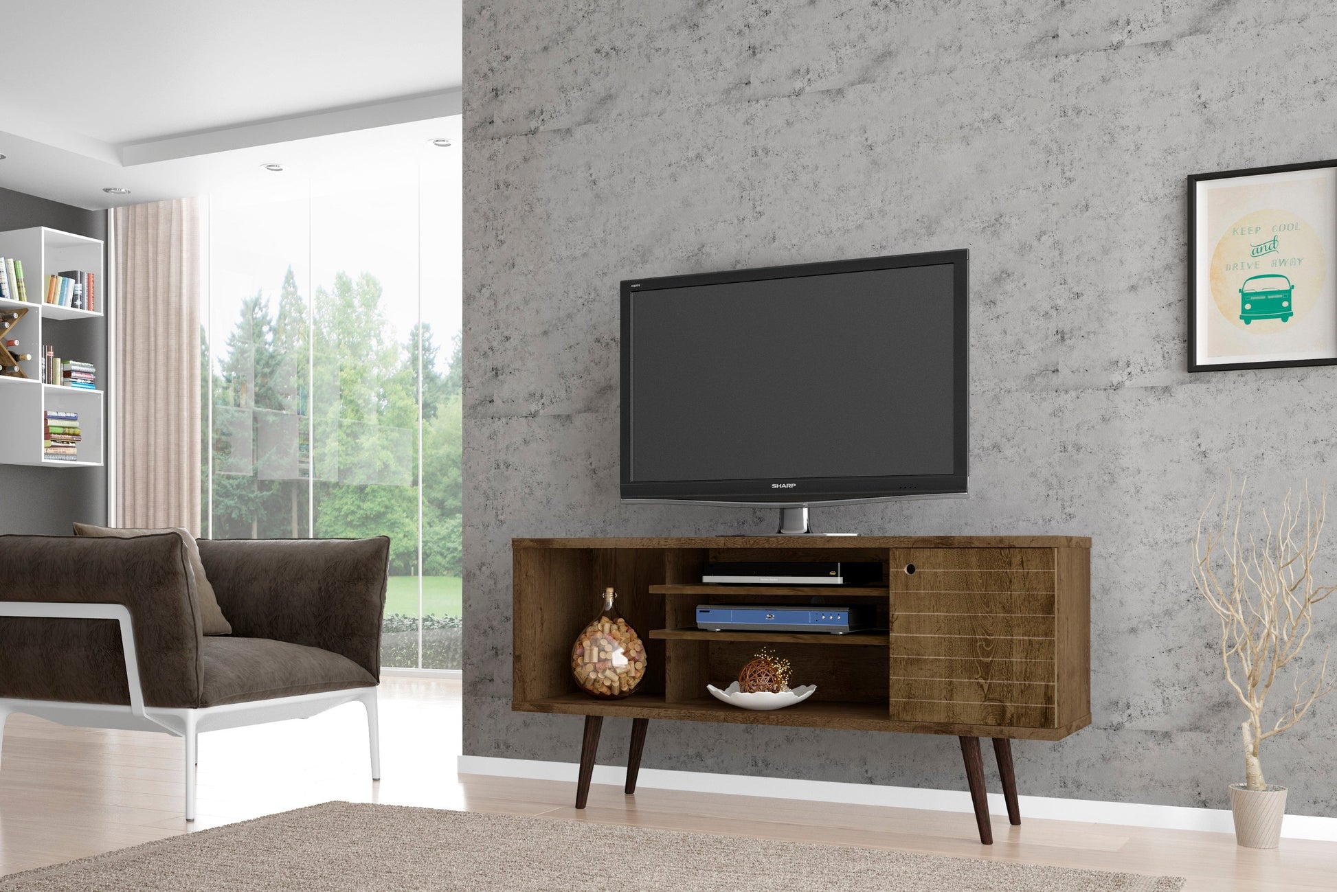 Liberty 53.14" Mid-Century Modern TV Stand in Rustic Brown - Ornate Home