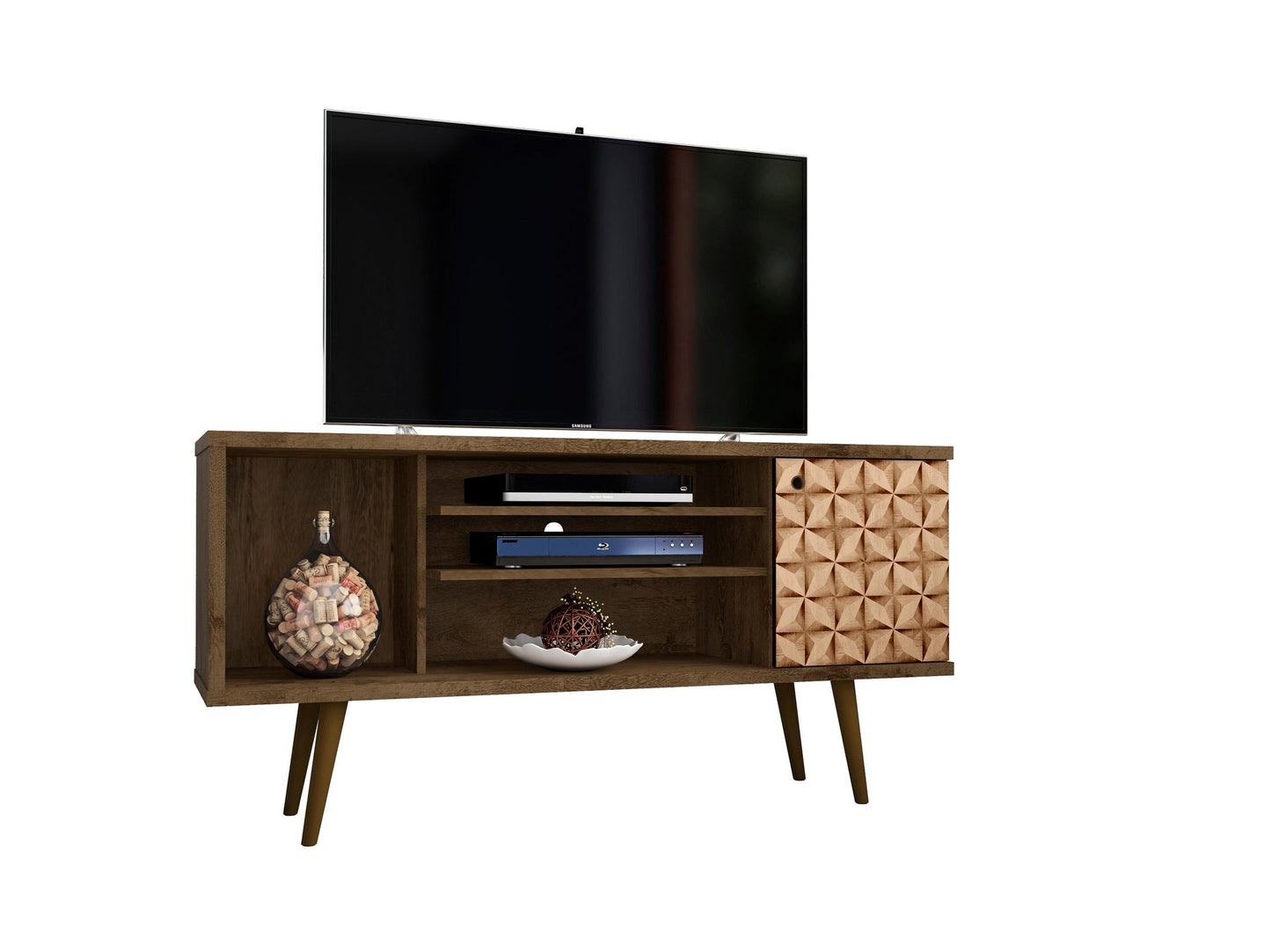 Liberty 53.14" Mid-Century Modern TV Stand in Rustic Brown and 3D Brown Prints - Ornate Home