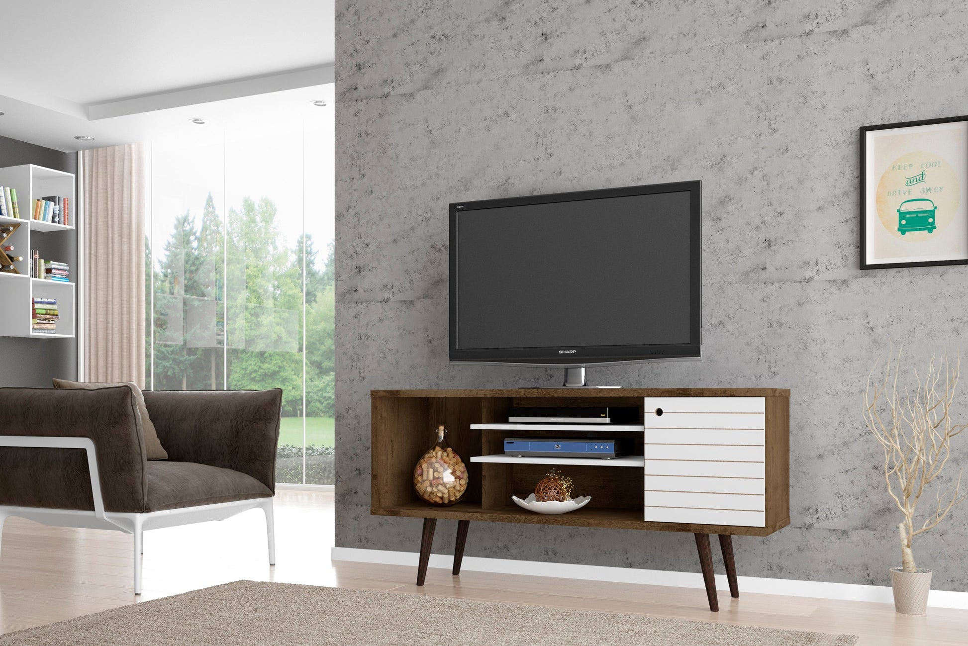 Liberty 53.14" Mid-Century Modern TV Stand in Rustic Brown and White - Ornate Home