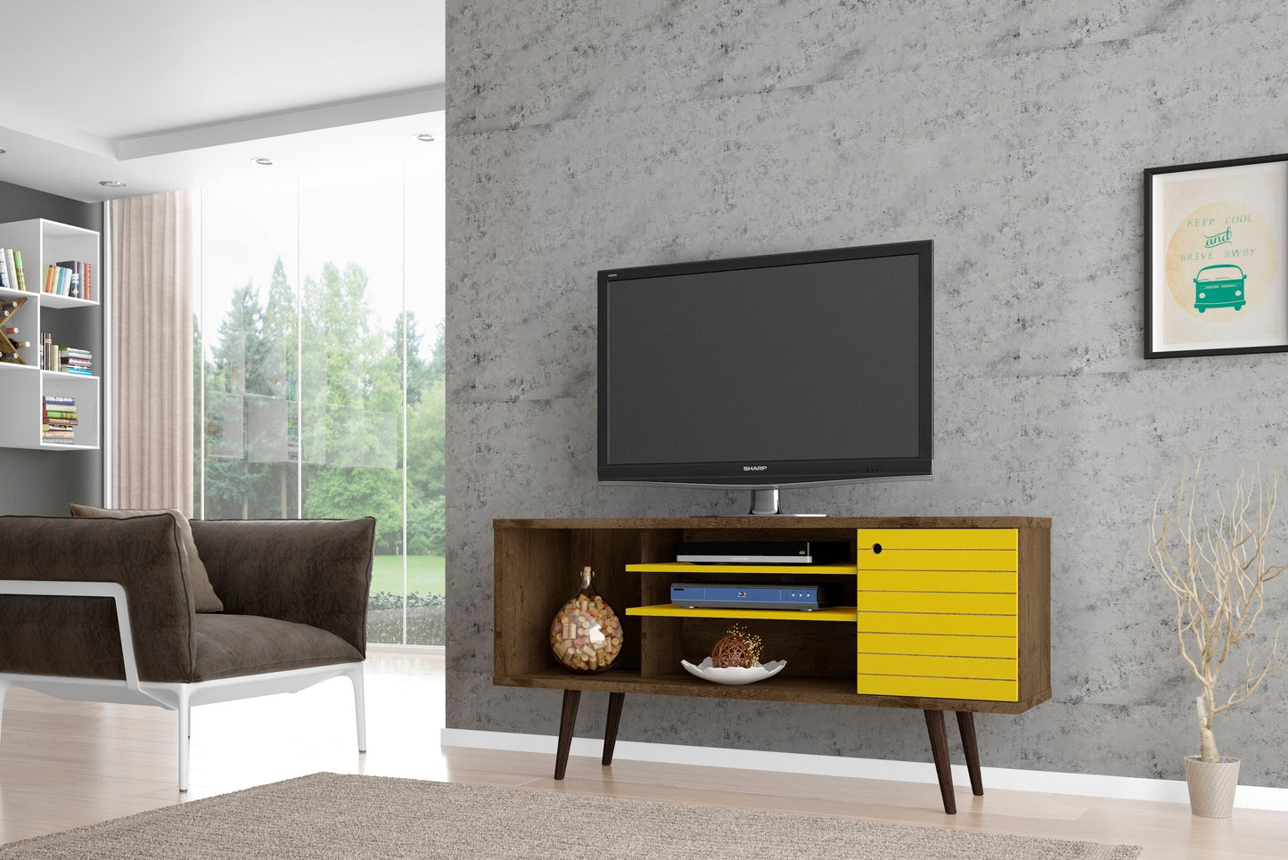 Liberty 53.14" Mid-Century Modern TV Stand in Rustic Brown and Yellow - Ornate Home