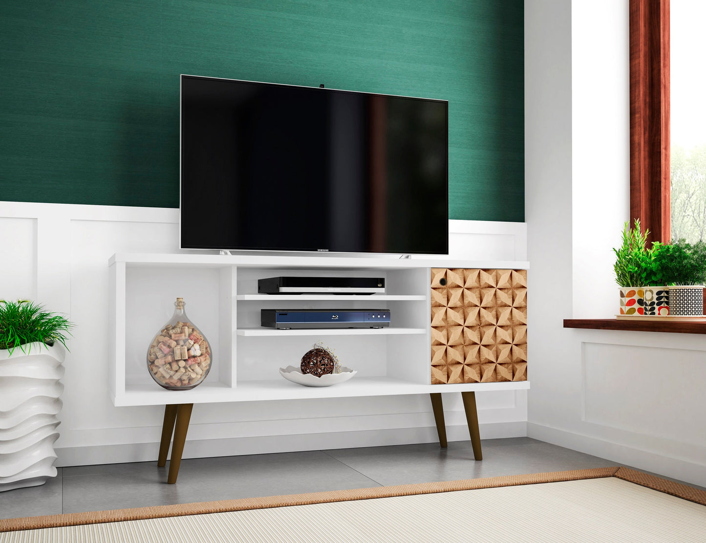 Liberty 53.14" Mid-Century Modern TV Stand in White and 3D Brown Prints - Ornate Home