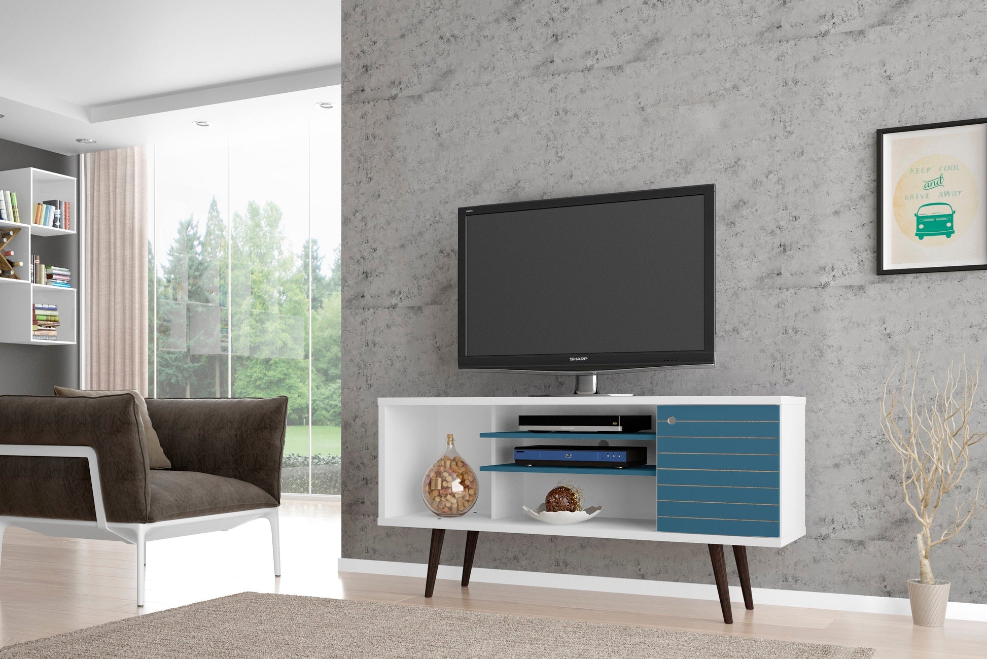 Liberty 53.14" Mid-Century Modern TV Stand in White and Aqua Blue - Ornate Home
