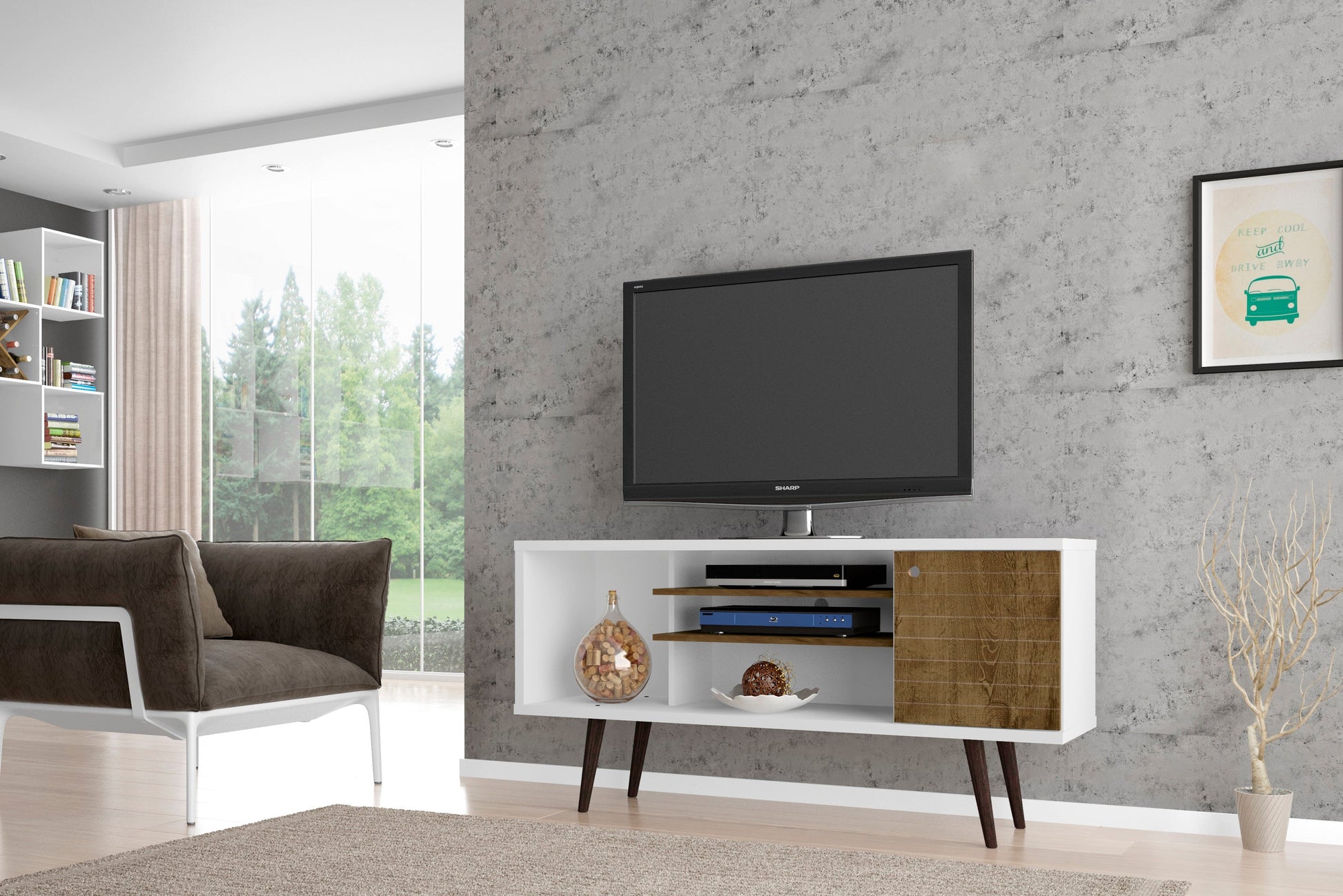 Liberty 53.14" Mid-Century Modern TV Stand in White and Rustic Brown - Ornate Home