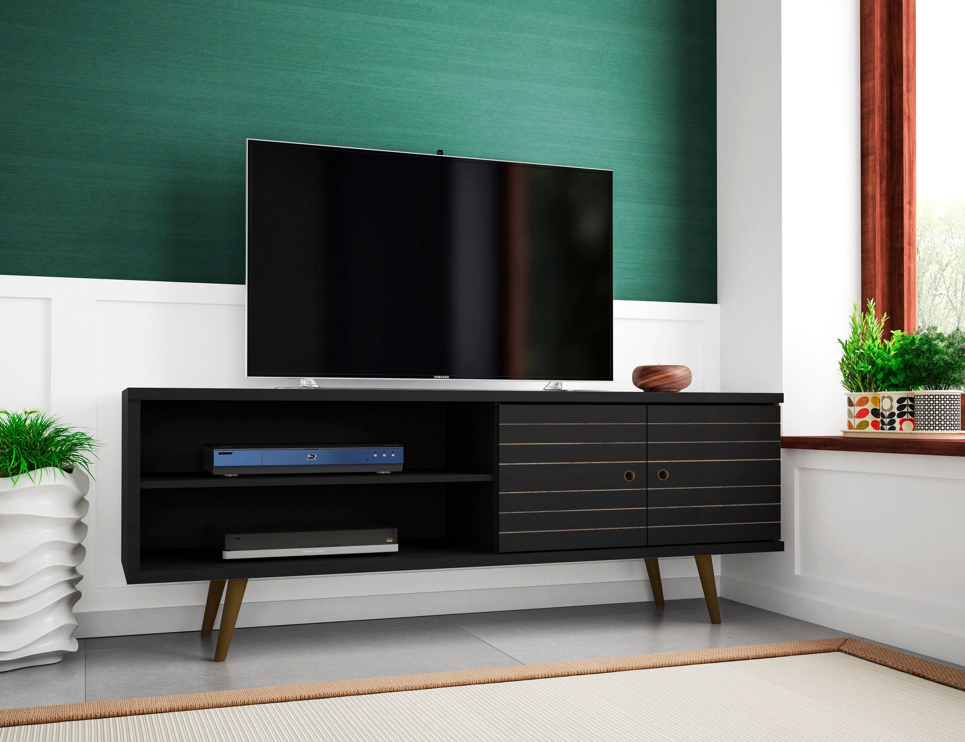 Liberty 62.99" Mid-Century Modern TV Stand in Black - Ornate Home