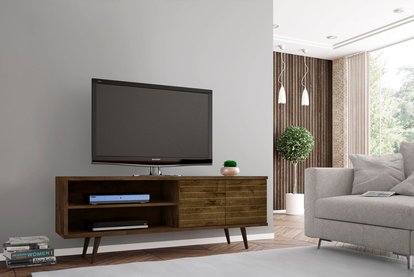 Liberty 62.99" Mid-Century Modern TV Stand in Rustic Brown - Ornate Home