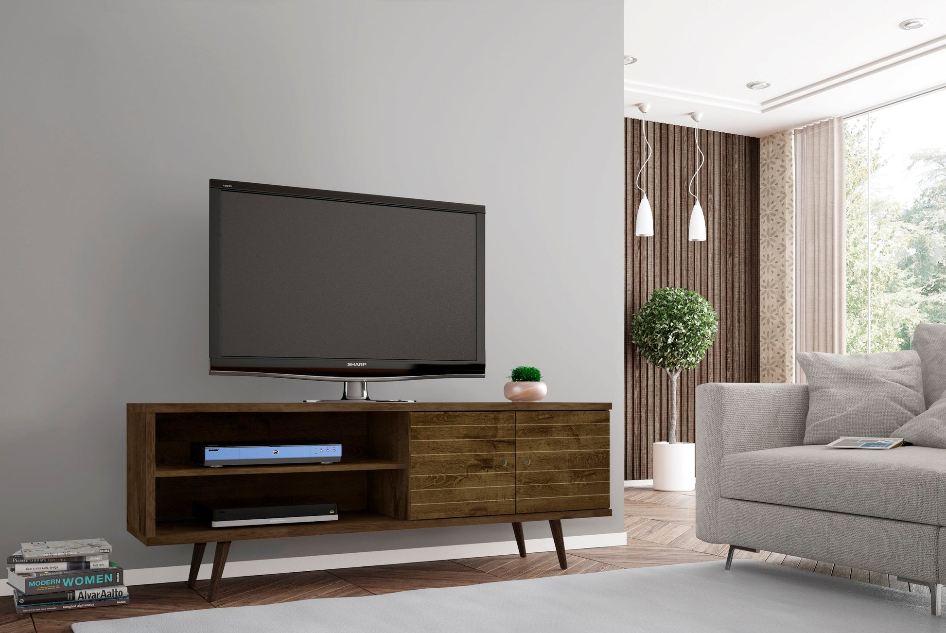 Liberty 62.99" Mid-Century Modern TV Stand in Rustic Brown - Ornate Home