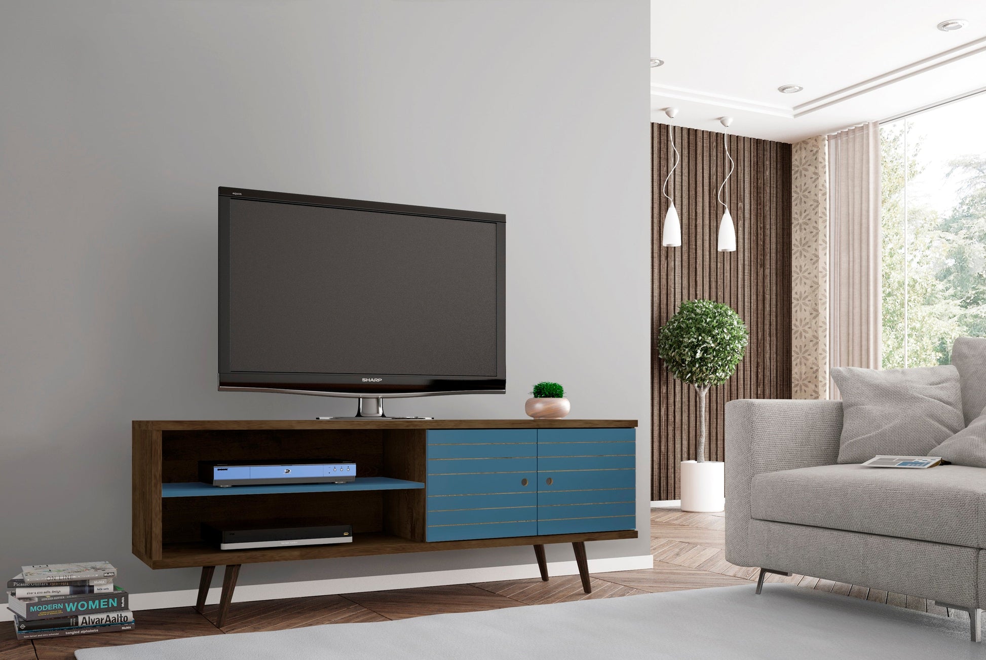 Liberty 62.99" Mid-Century Modern TV Stand in Rustic Brown and Aqua Blue - Ornate Home