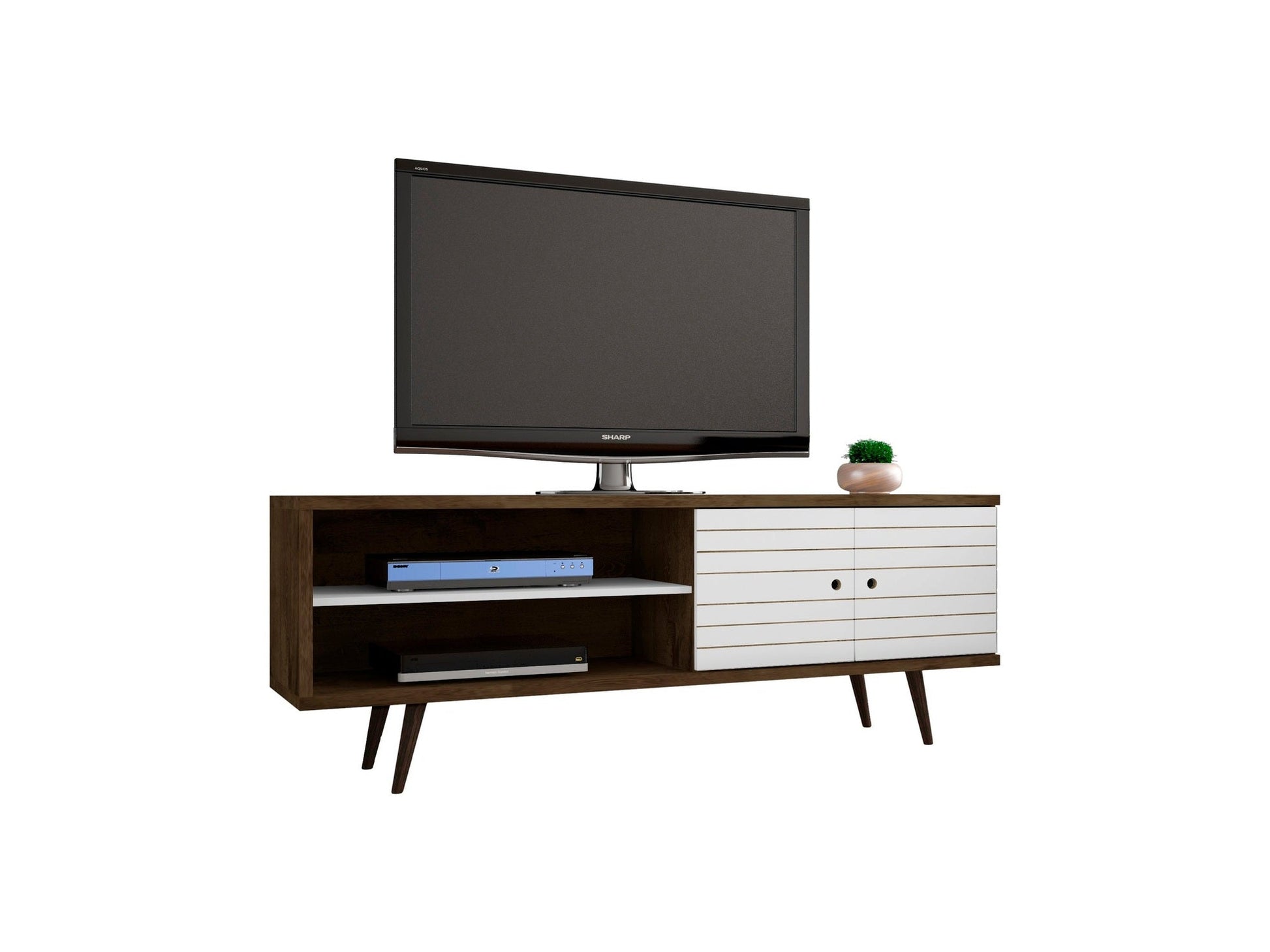 Liberty 62.99" Mid-Century Modern TV Stand in Rustic Brown and White - Ornate Home