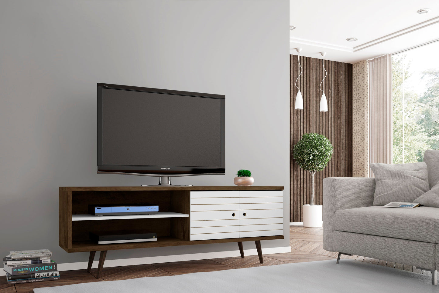 Liberty 62.99" Mid-Century Modern TV Stand in Rustic Brown and White - Ornate Home