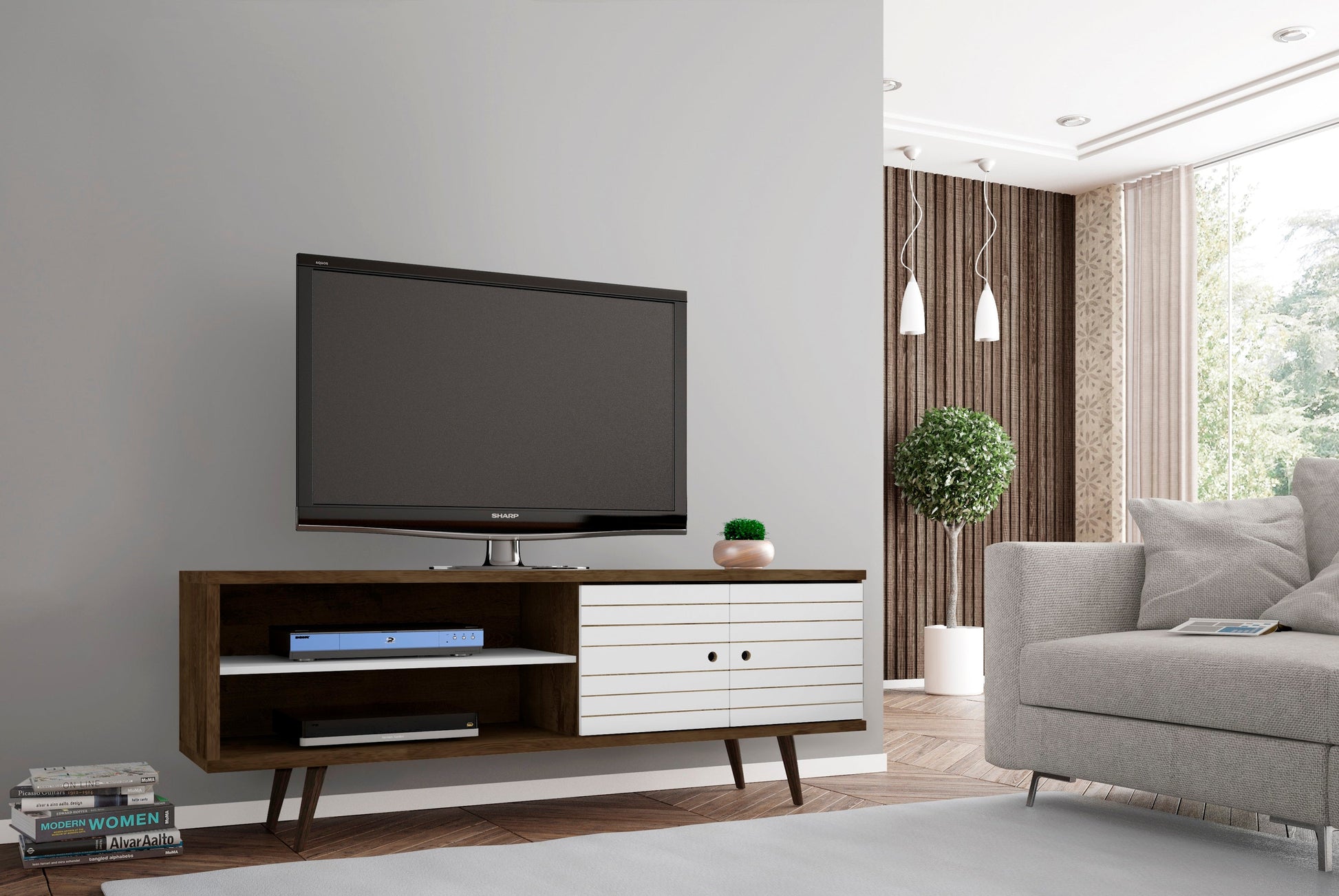 Liberty 62.99" Mid-Century Modern TV Stand in Rustic Brown and White - Ornate Home