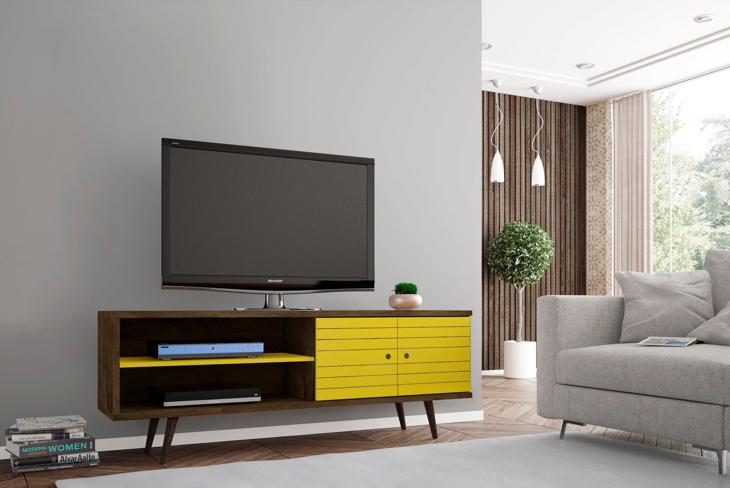Liberty 62.99" Mid-Century Modern TV Stand in Rustic Brown and Yellow - Ornate Home