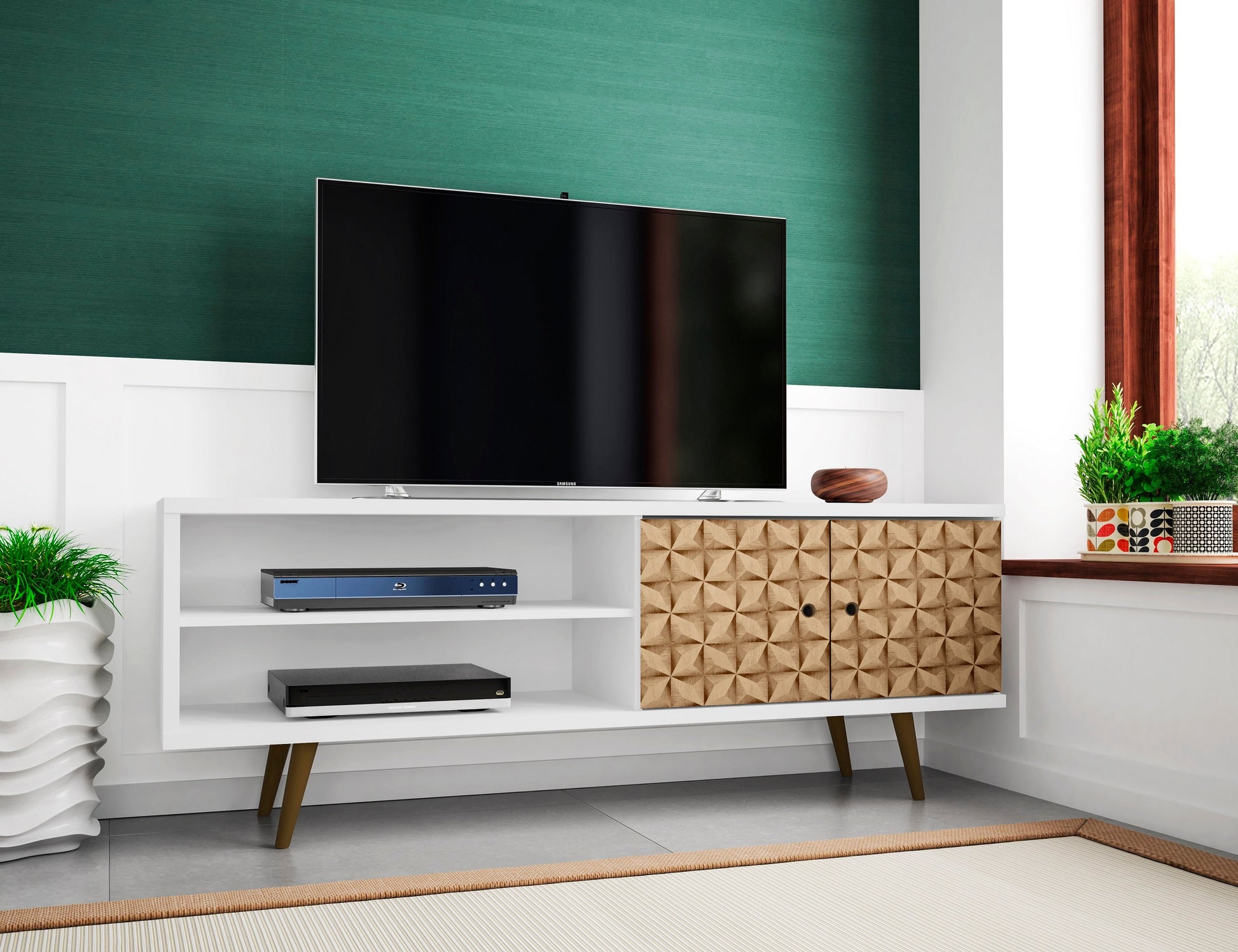 Liberty 62.99" Mid-Century Modern TV Stand in White and 3D Brown Prints - Ornate Home