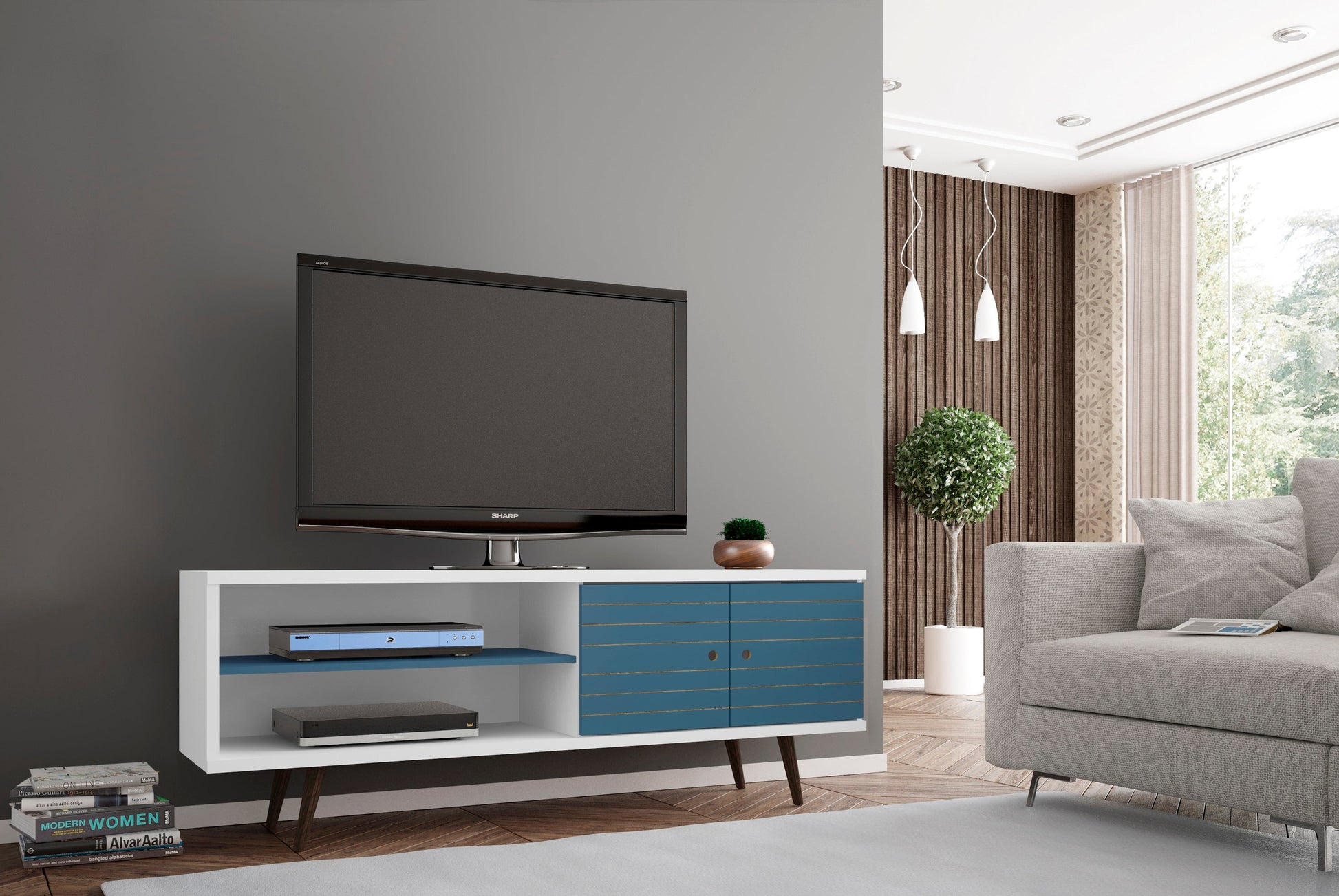 Liberty 62.99" Mid-Century Modern TV Stand in White and Aqua Blue - Ornate Home