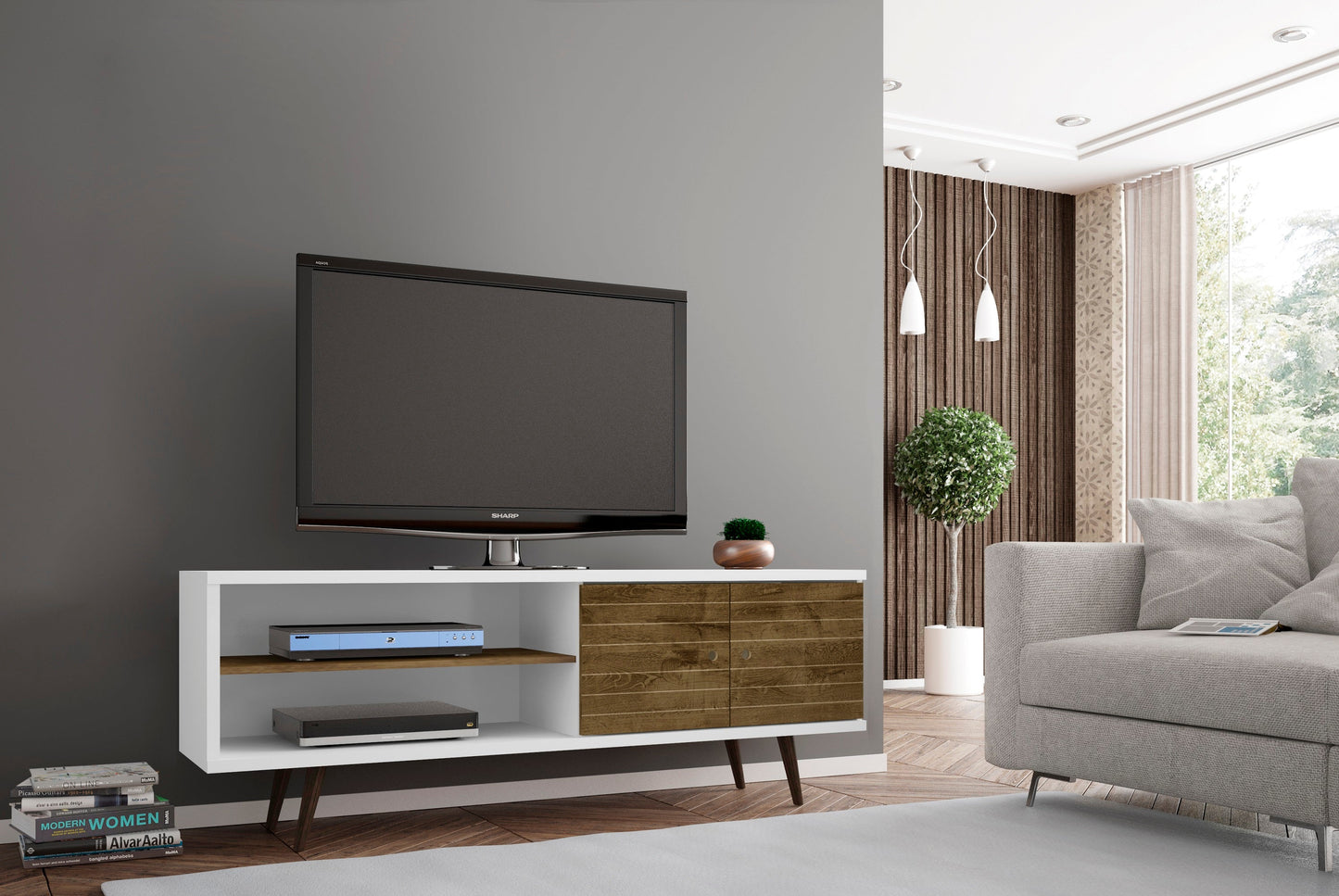 Liberty 62.99" Mid-Century Modern TV Stand in White and Rustic Brown - Ornate Home