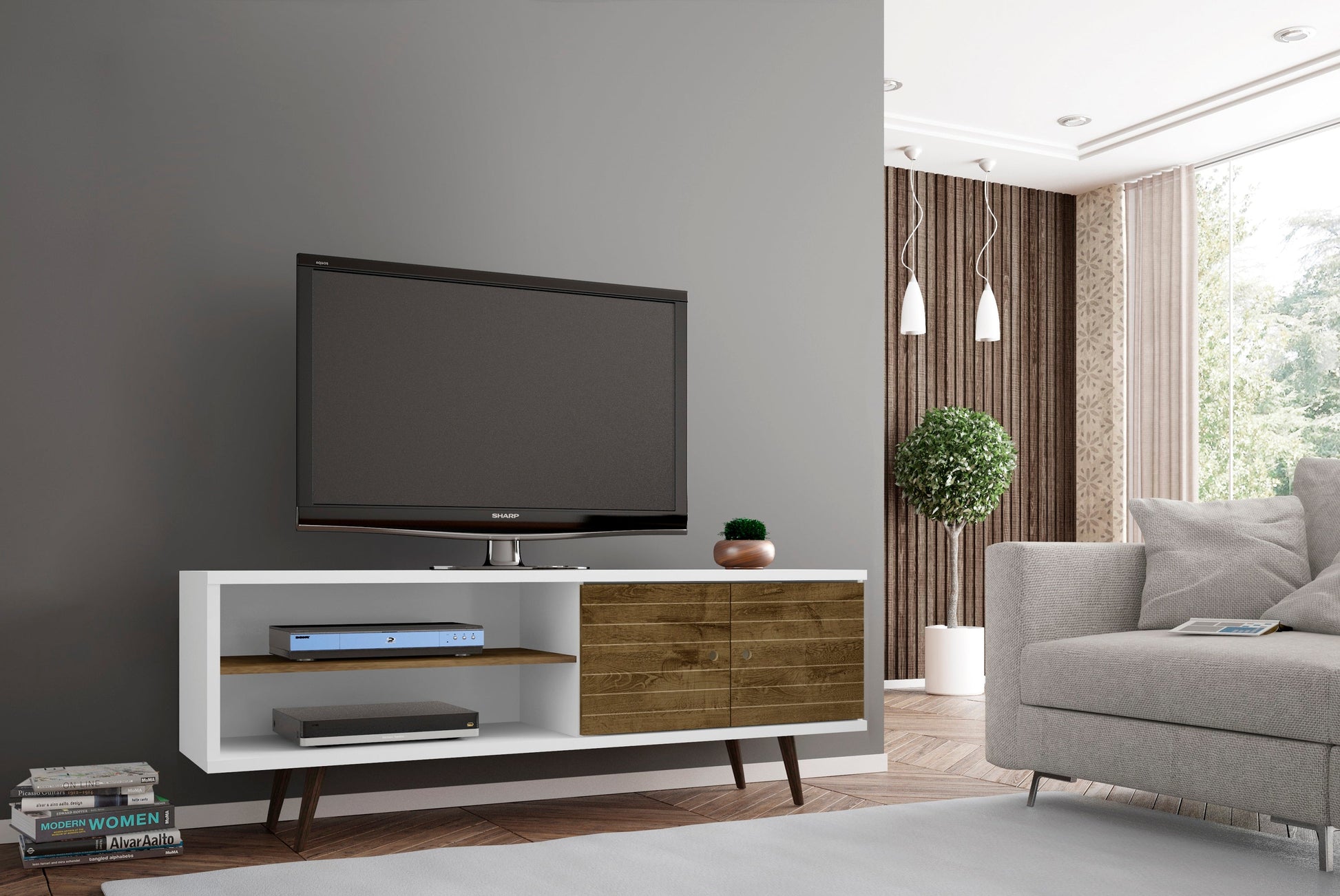 Liberty 62.99" Mid-Century Modern TV Stand in White and Rustic Brown - Ornate Home