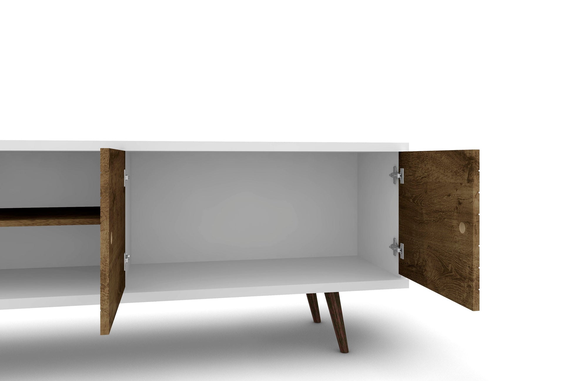Liberty 62.99" Mid-Century Modern TV Stand in White and Rustic Brown - Ornate Home