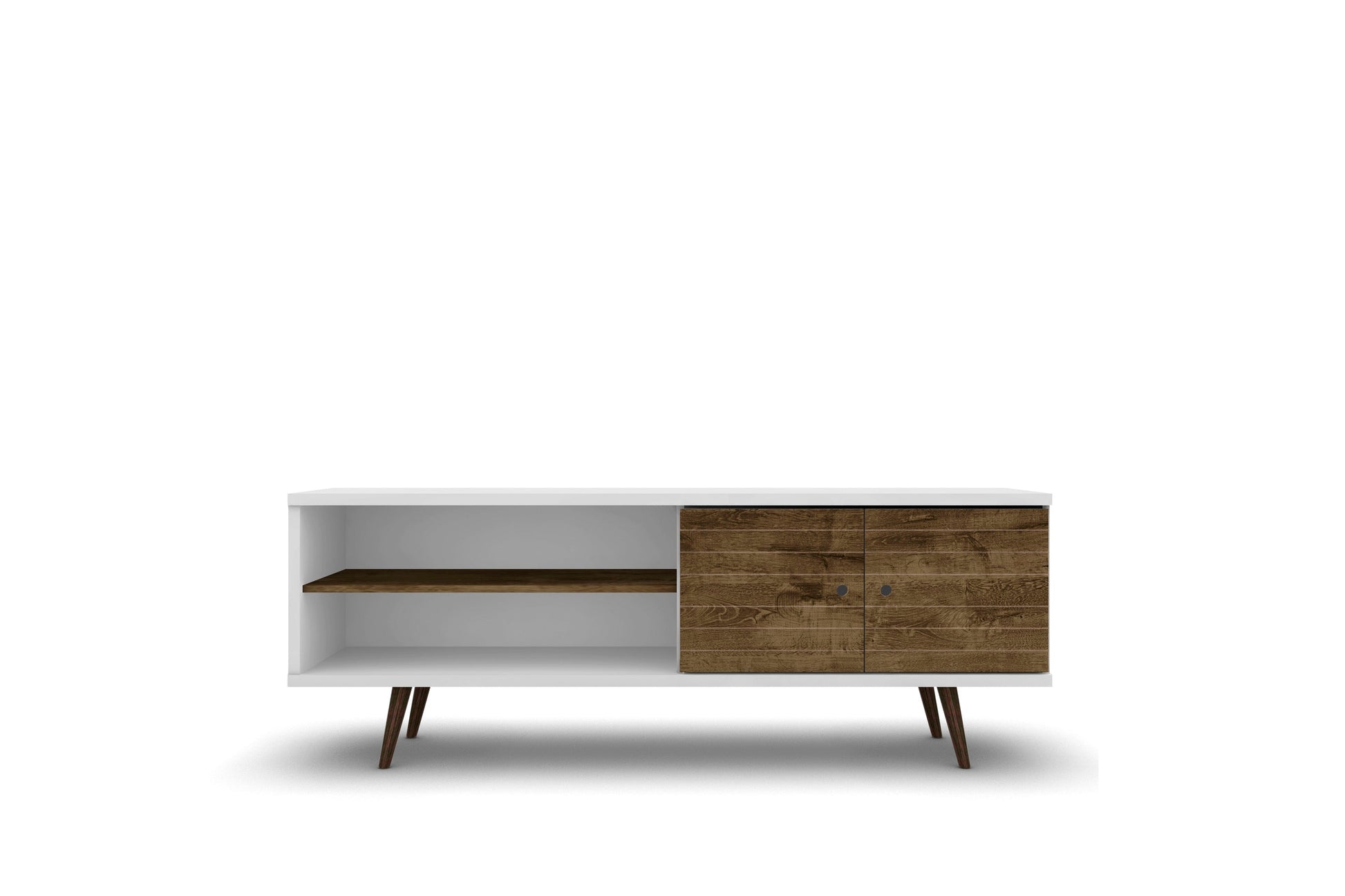 Liberty 62.99" Mid-Century Modern TV Stand in White and Rustic Brown - Ornate Home
