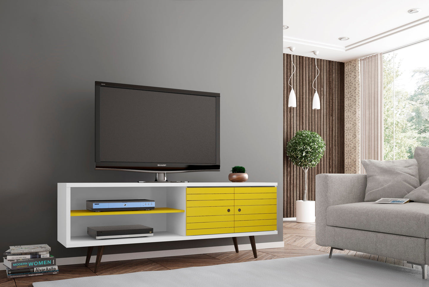 Liberty 62.99" Mid-Century Modern TV Stand in White and Yellow - Ornate Home