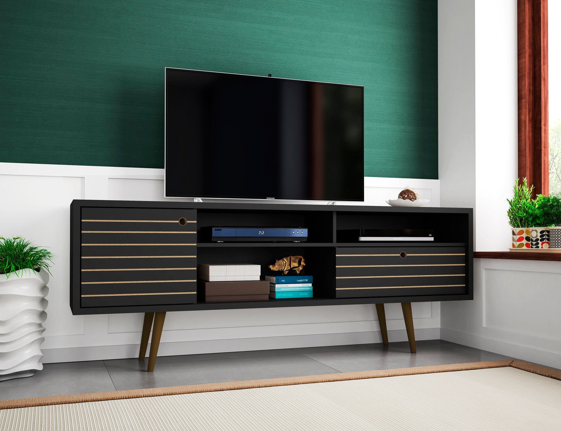 Liberty 70.86" Mid-Century Modern TV Stand in Black - Ornate Home