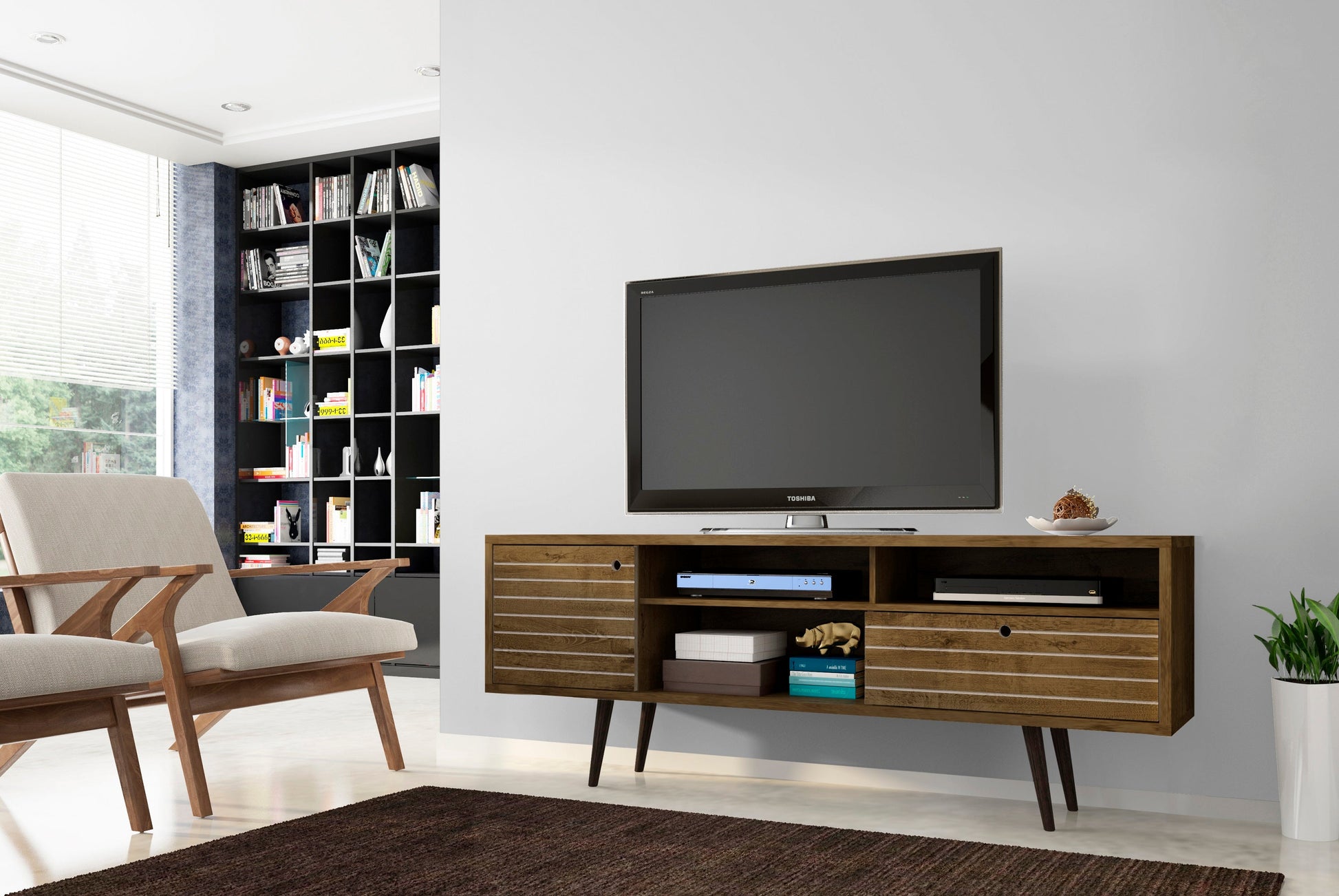Liberty 70.86" Mid-Century Modern TV Stand in Rustic Brown - Ornate Home