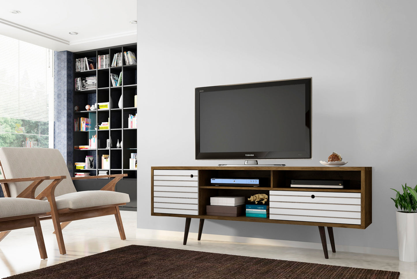 Liberty 70.86" Mid-Century Modern TV Stand in Rustic Brown and White - Ornate Home